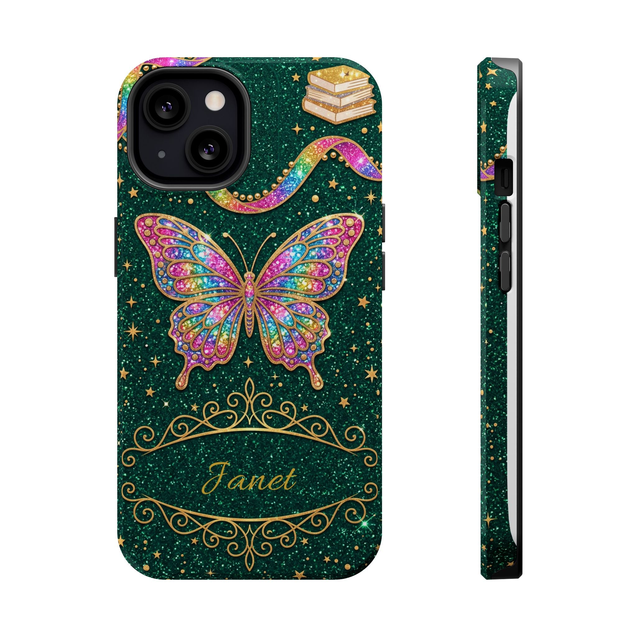 Rainbow Glitter Butterfly Personalized Teacher Phone Case — Wireless Charging Cover
