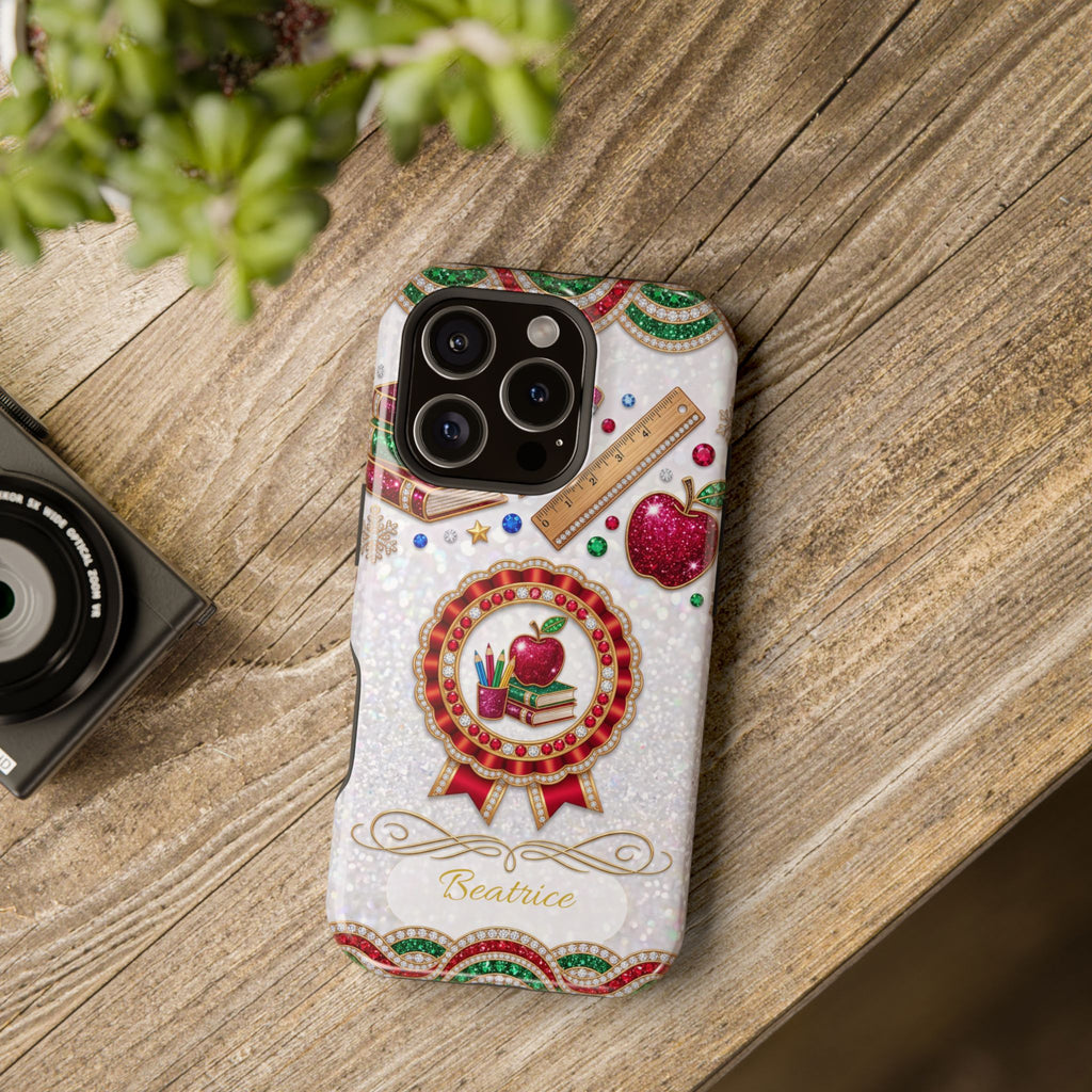 Jeweled Apple Medallion Personalized Teacher Phone Case — Wireless Charging Cover