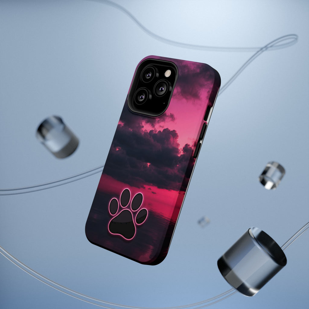iPhone & Samsung Magnetic Impact-Resistant Phone Case — Pink Twilight Cloud with Paw Print