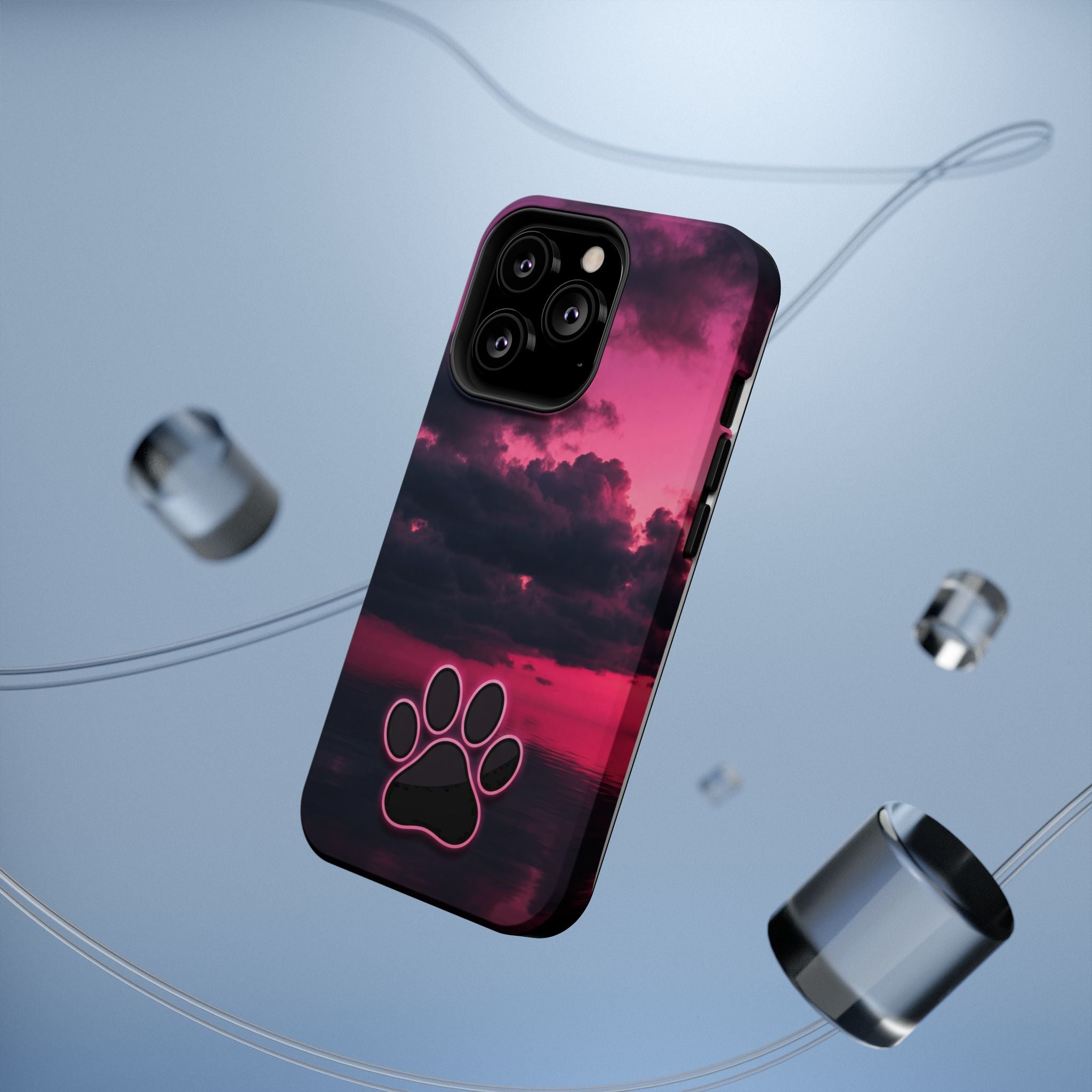 iPhone & Samsung Magnetic Impact-Resistant Phone Case — Pink Twilight Cloud with Paw Print