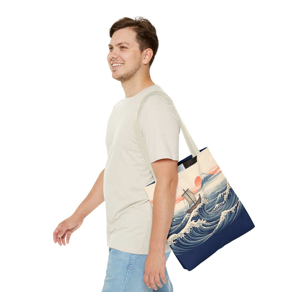 Japanese Wave Sailboat Tote Bag – Woodblock Style Ocean Beach Bag