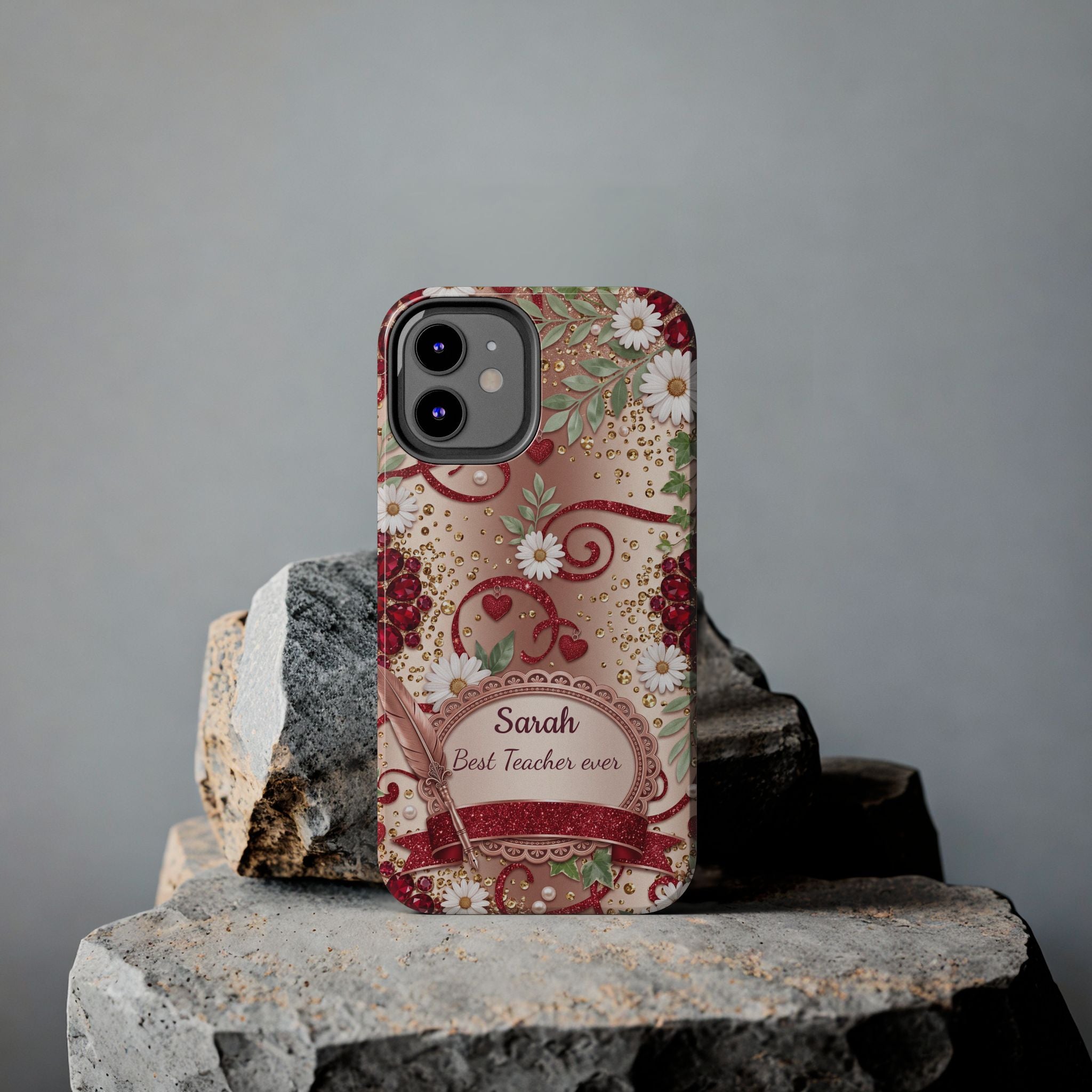Personalized Teacher Phone Case — Custom Name and Message - Floral Jeweled Design