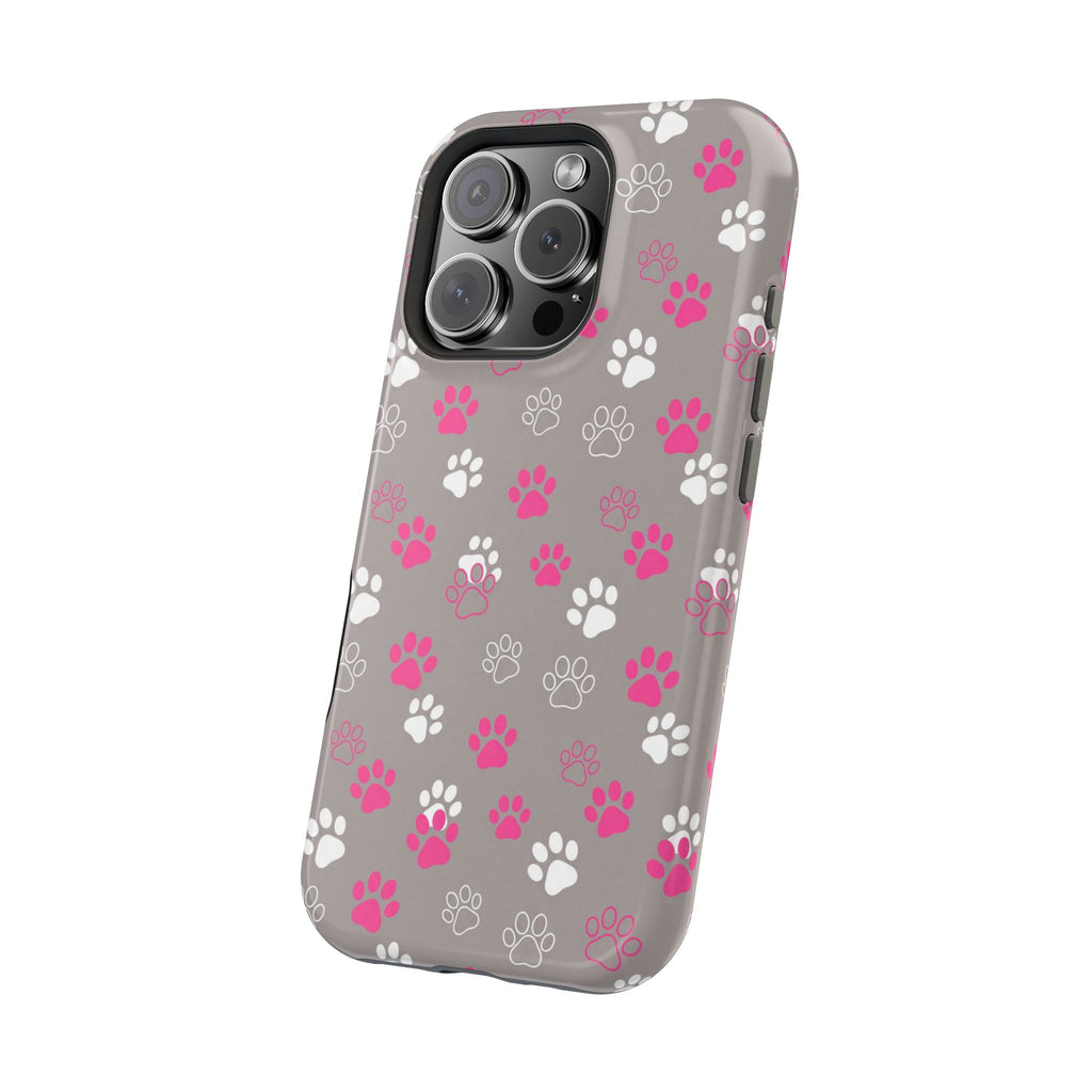 Pink & White Paw Print Phone Case — Impact-Resistant Wireless Charging Cover