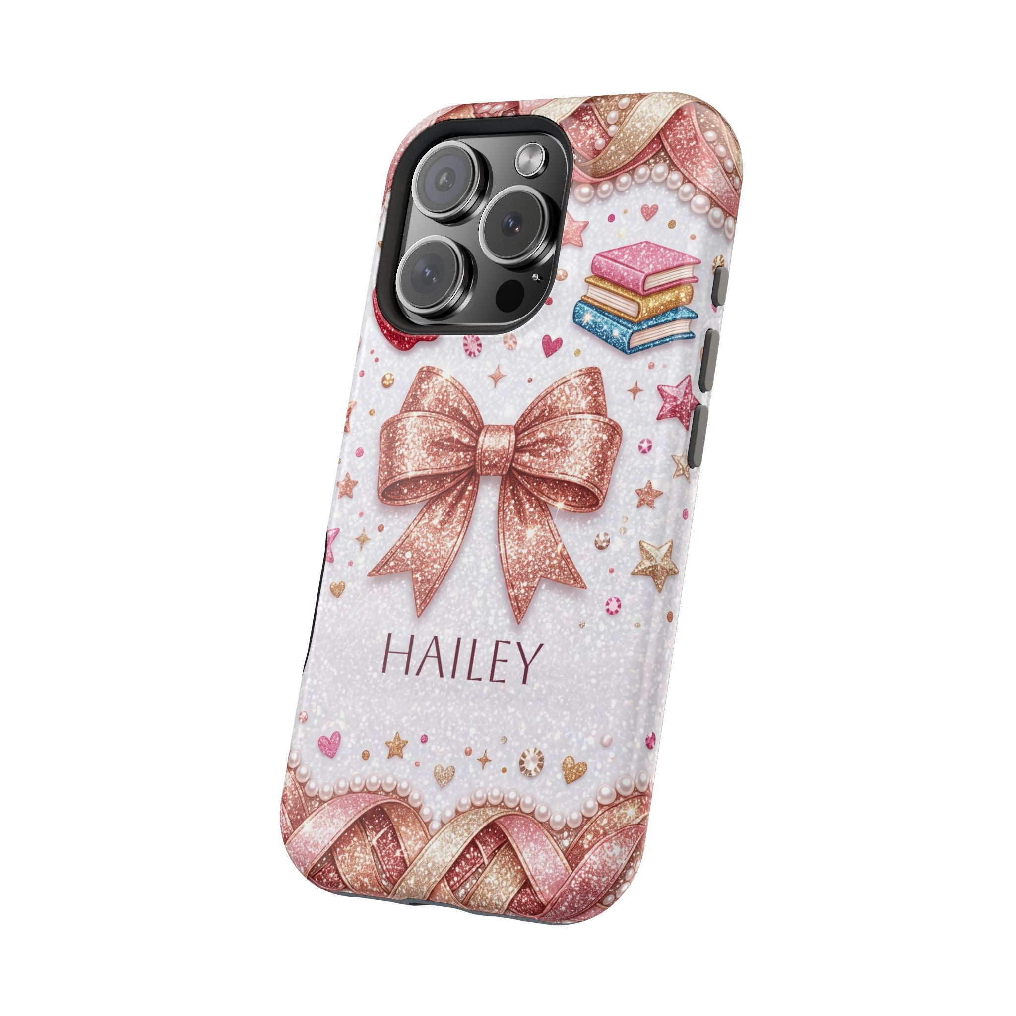Rose Gold Glitter Bow Personalized Teacher Phone Case — Wireless Charging Cover