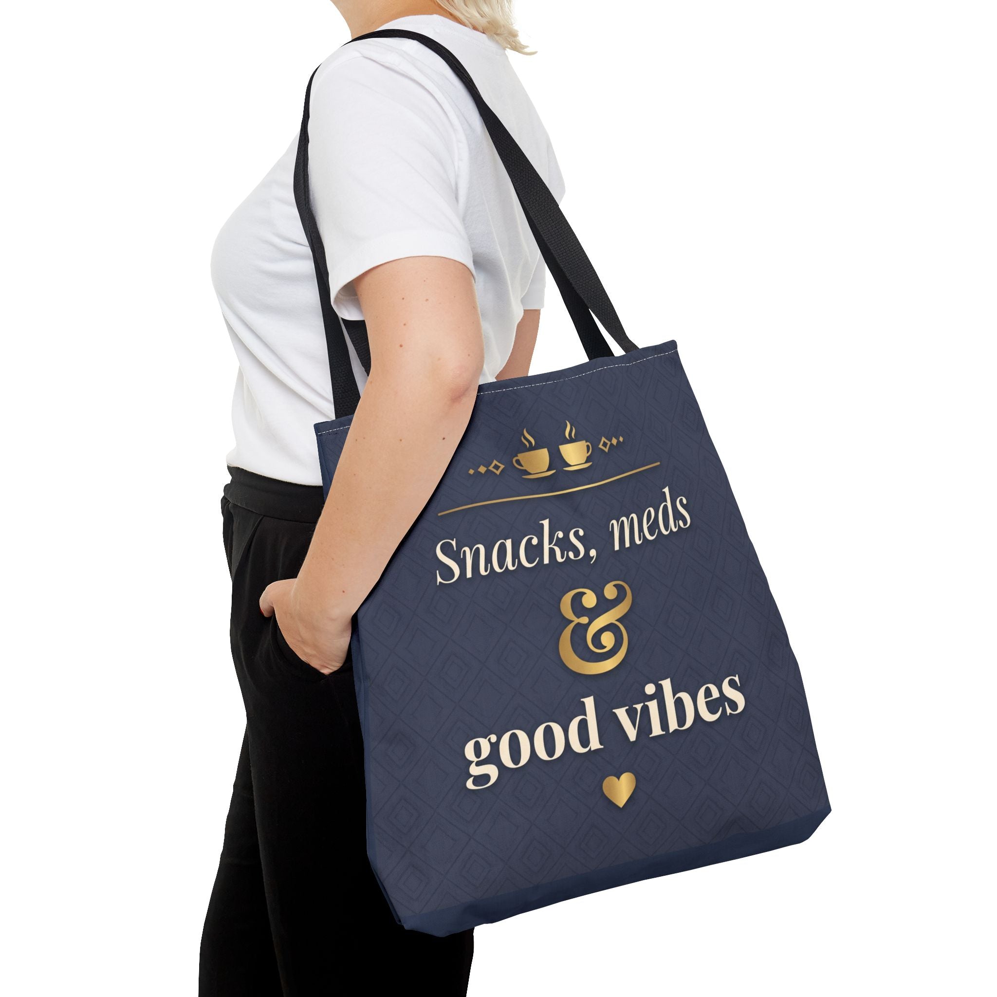 Snacks Meds & Good Vibes Tote | Funny Nurse Gift Tote Bag | Healthcare Worker Humour Gift | Premium Polyester Carry-All