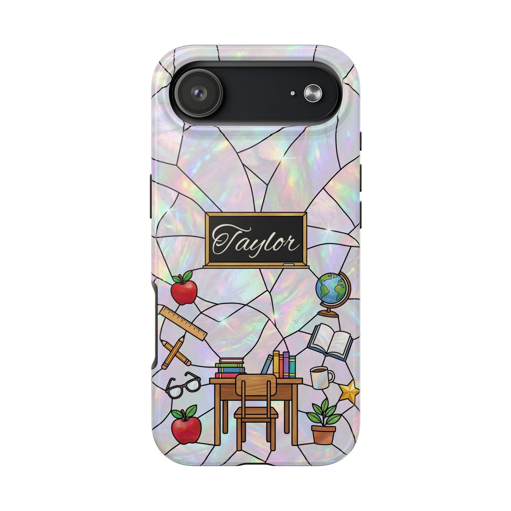 Personalized Teacher Phone Case — Custom Name Stained Glass Classroom Design