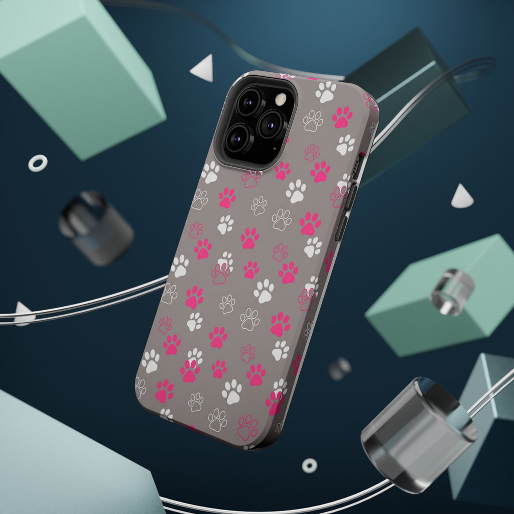 Pink & White Paw Print Phone Case — Impact-Resistant Wireless Charging Cover