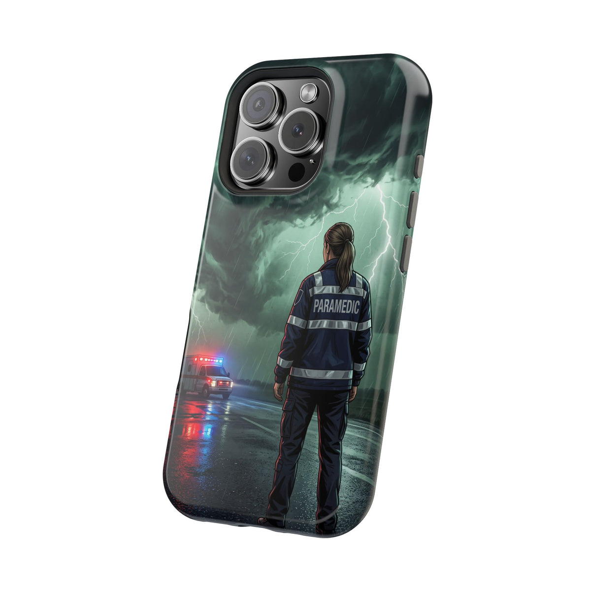 Female Paramedic Green Storm Phone Case — Magnetic Wireless Charging Cover