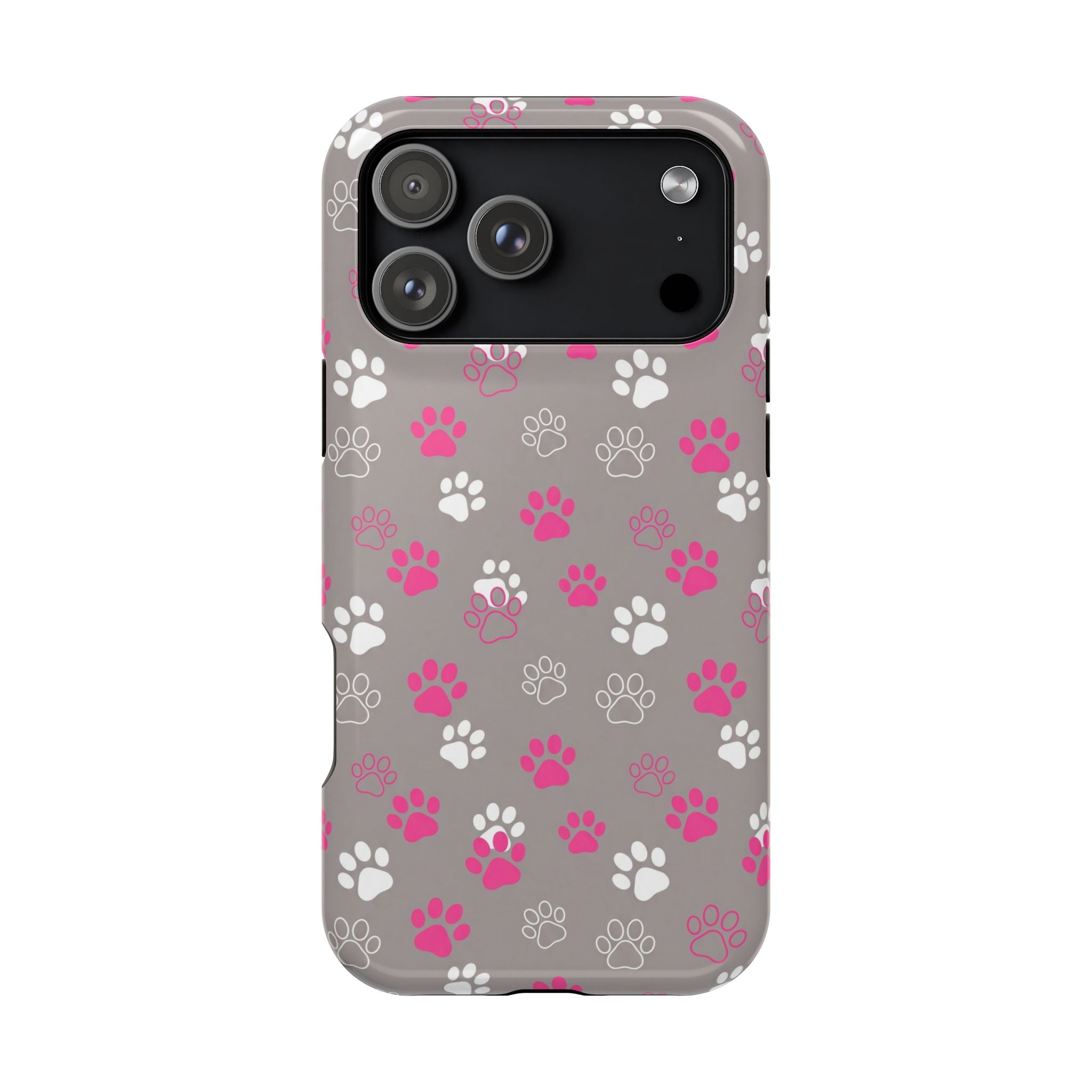 Pink & White Paw Print Phone Case — Impact-Resistant Wireless Charging Cover
