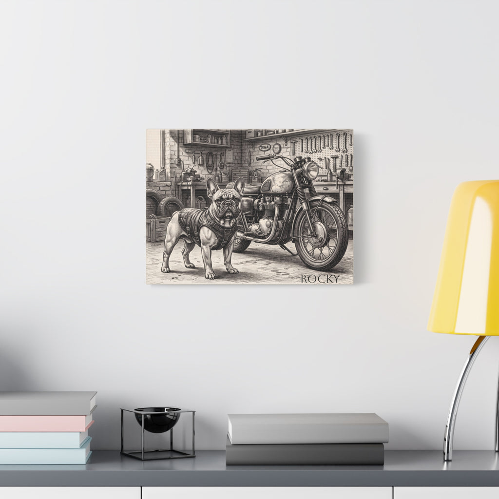 French Bulldog Motorcycle Garage Sketch Personalized Canvas | Vintage Biker Wall Art