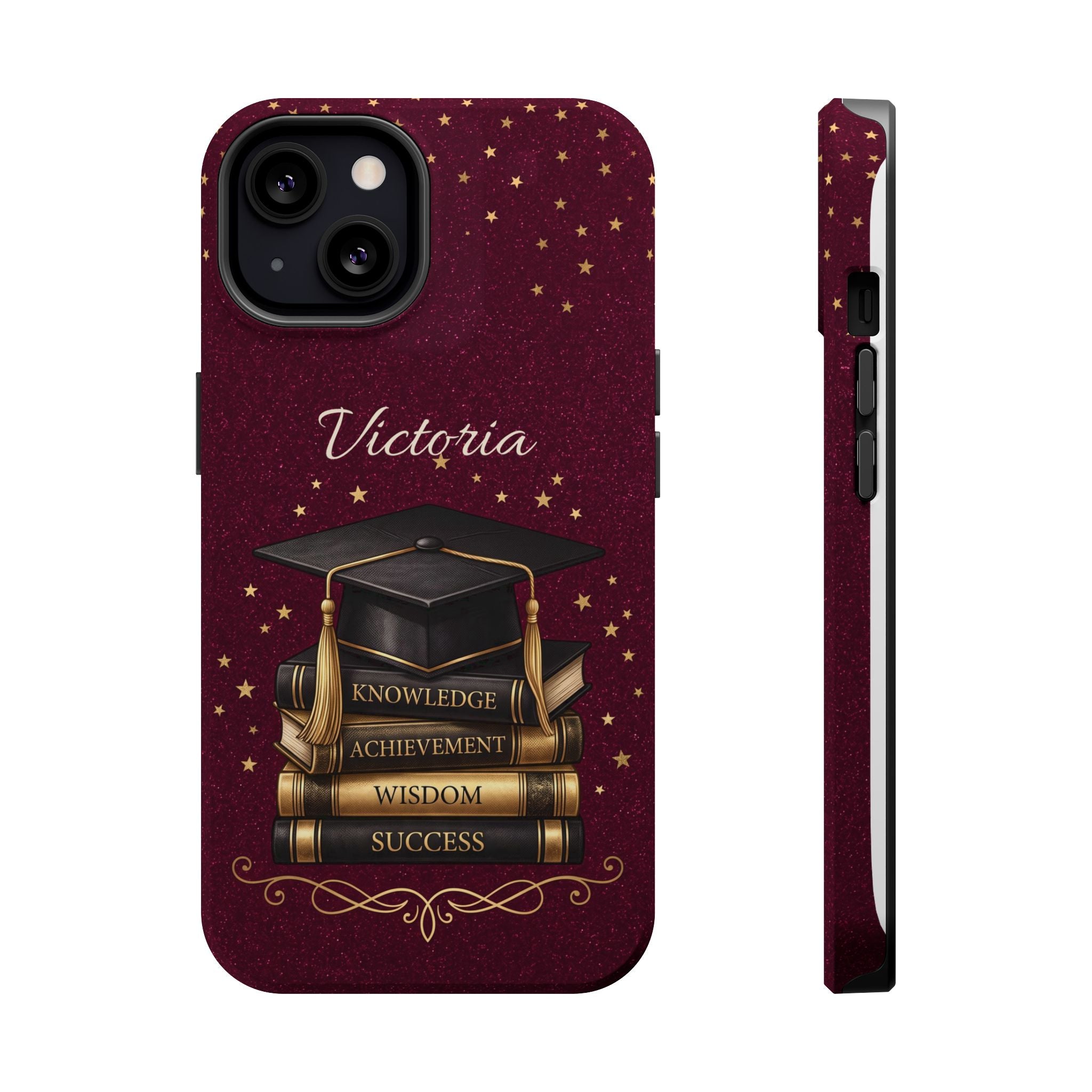Graduation Cap & Books Personalized Teacher Phone Case — Wireless Charging Cover