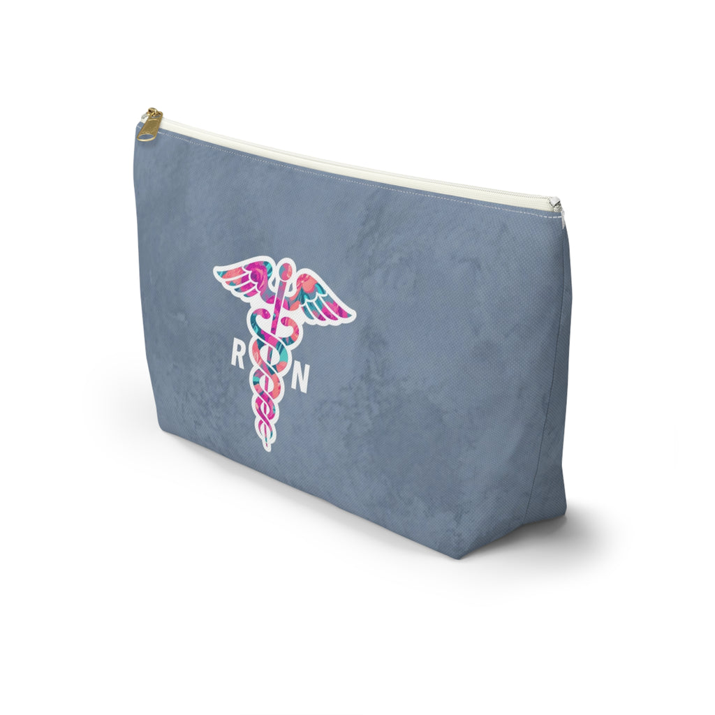 RN Floral Caduceus Dusty Blue Accessory Pouch — T-Bottom Zipper Bag