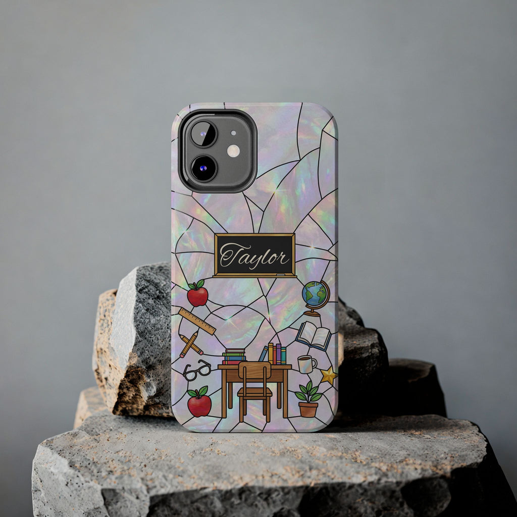 Personalized Teacher Phone Case — Custom Name Stained Glass Classroom Design