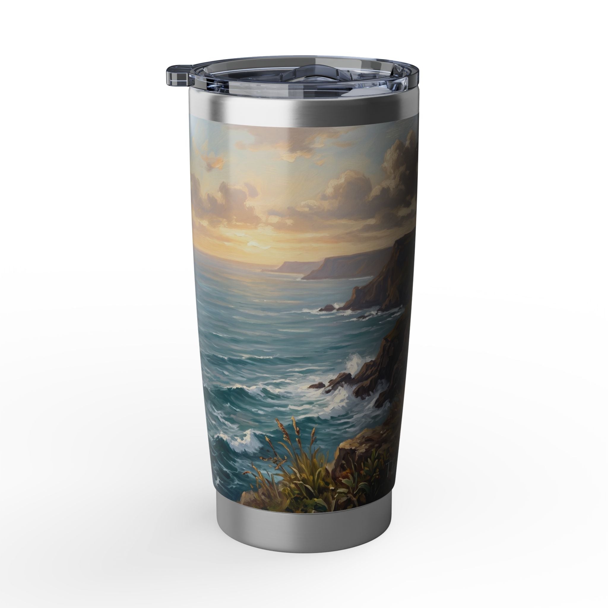Dachshund Coastal Cliffs Stainless Tumbler — 20 oz Personalized Travel Mug with Seaside Landscape Design