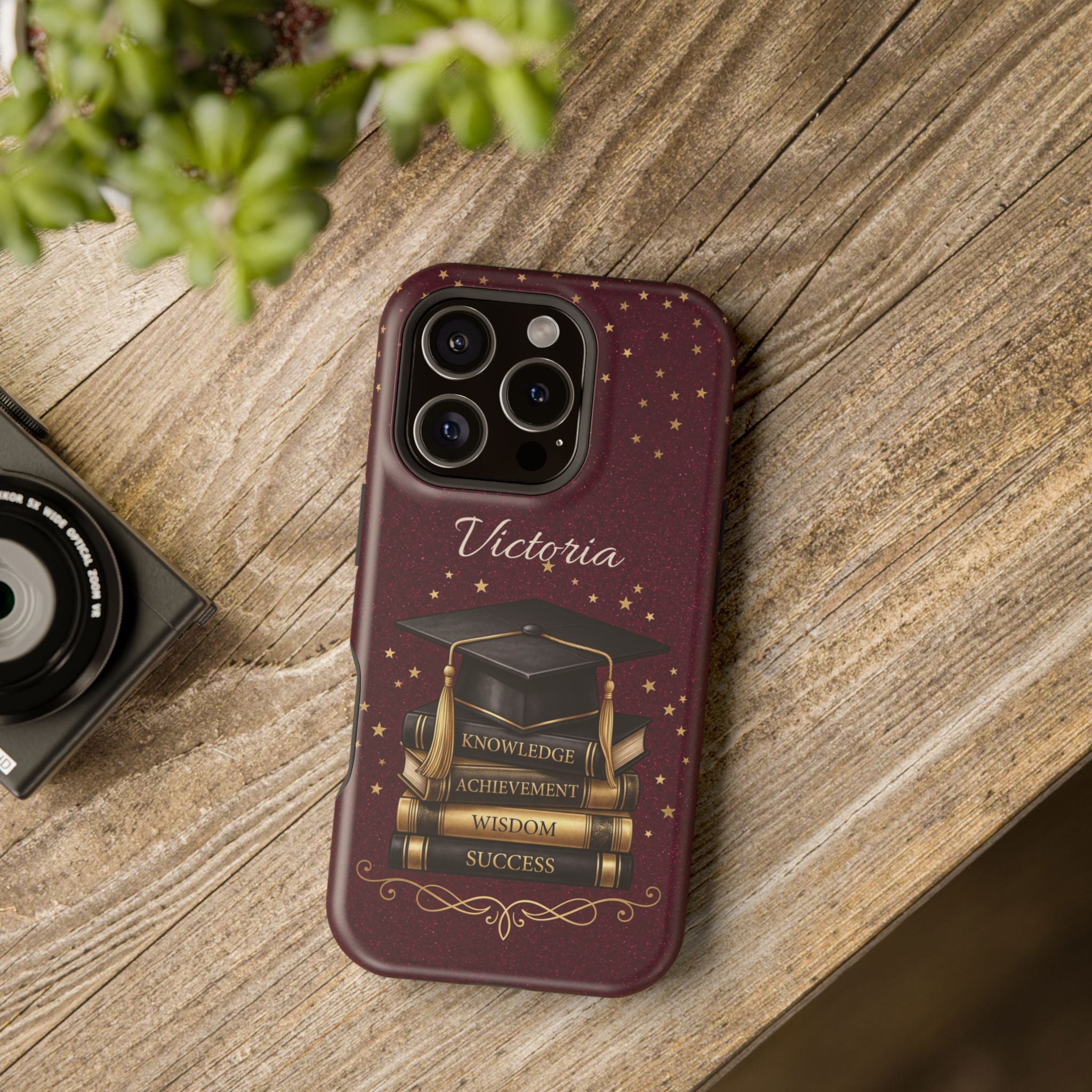 Graduation Cap & Books Personalized Teacher Phone Case — Wireless Charging Cover