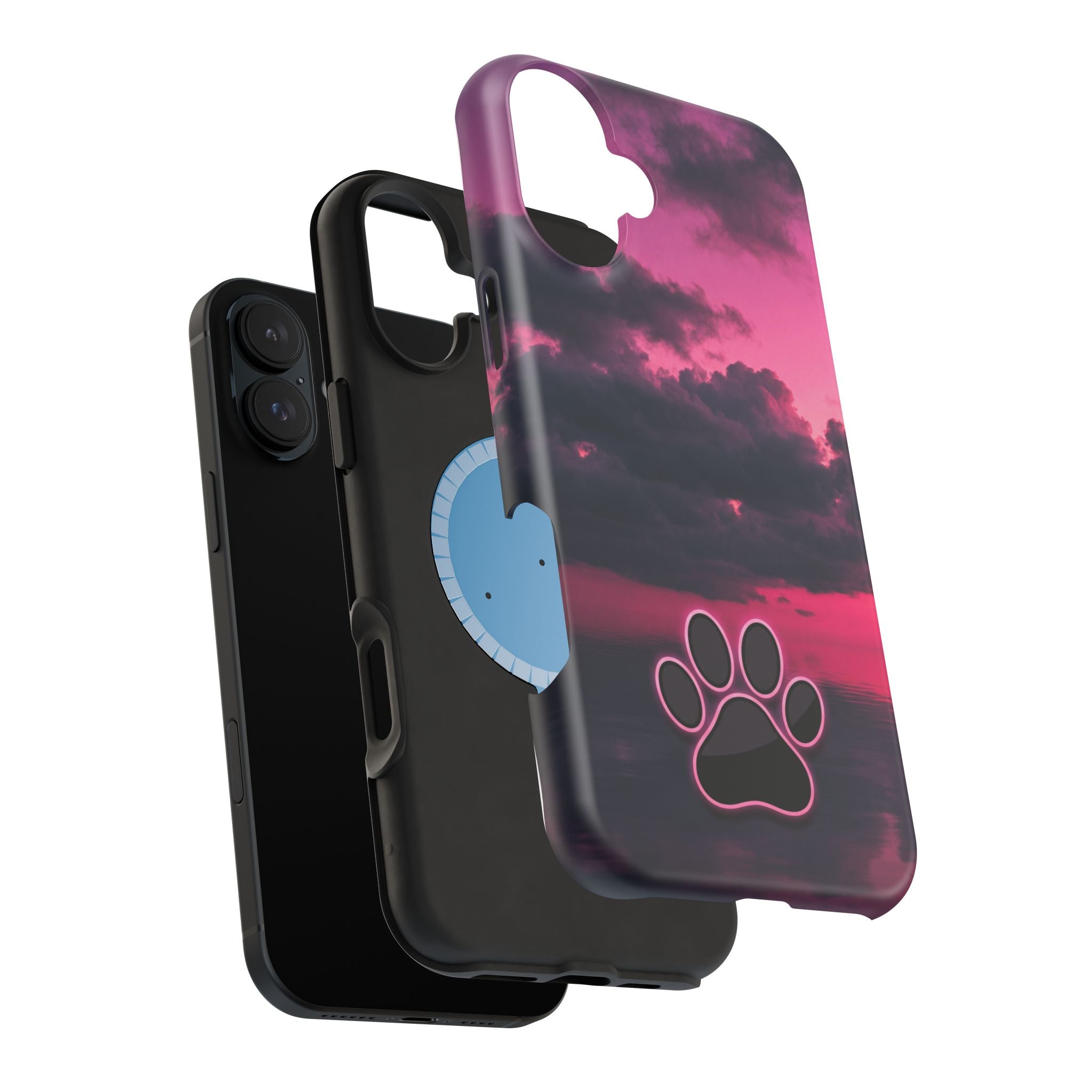 iPhone & Samsung Magnetic Impact-Resistant Phone Case — Pink Twilight Cloud with Paw Print