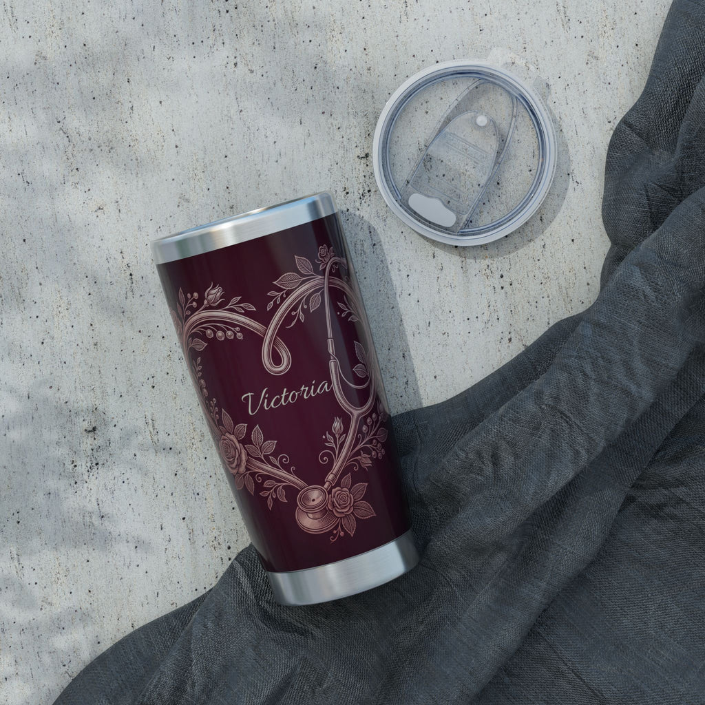 Personalized Stethoscope Heart Tumbler – Rose Gold Floral Burgundy Design 20 oz