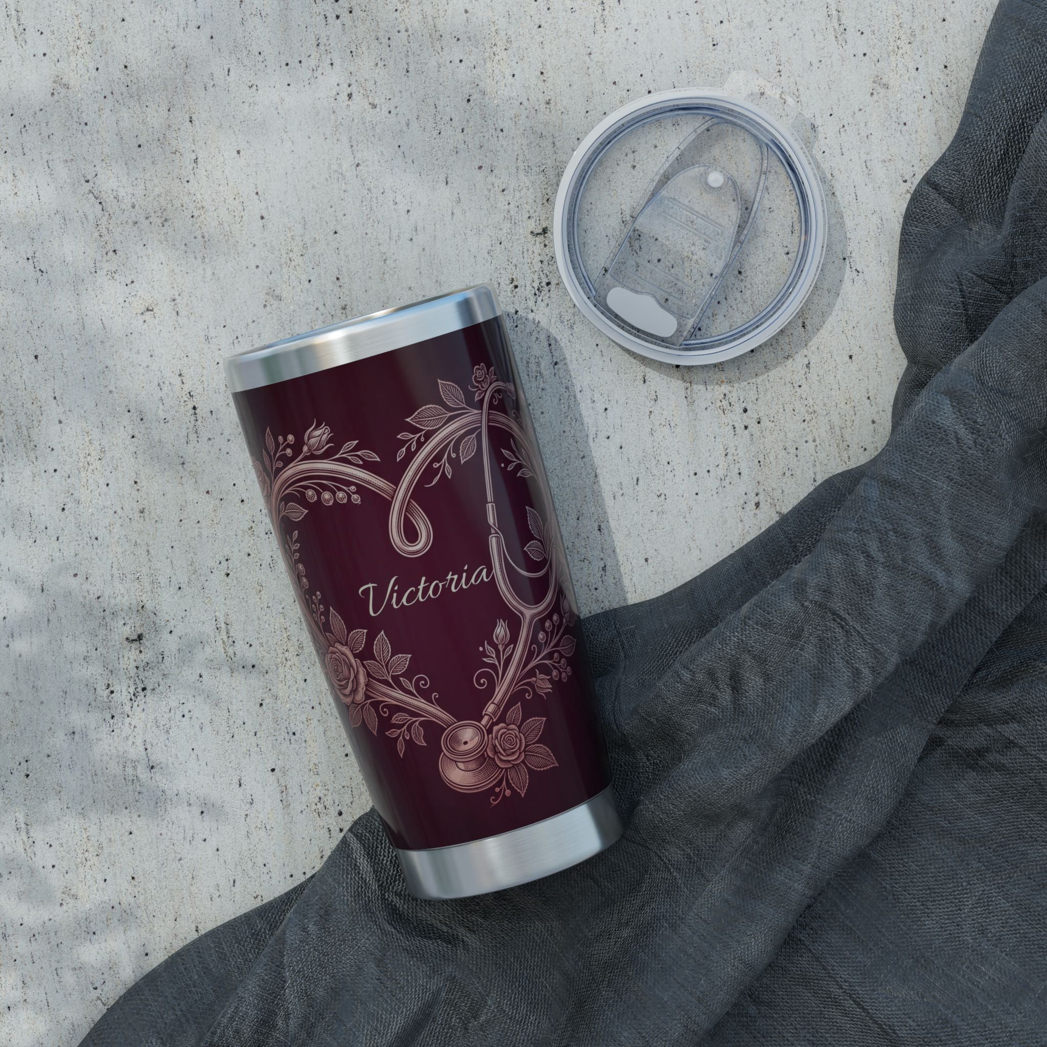 Personalized Stethoscope Heart Tumbler – Rose Gold Floral Burgundy Design 20 oz