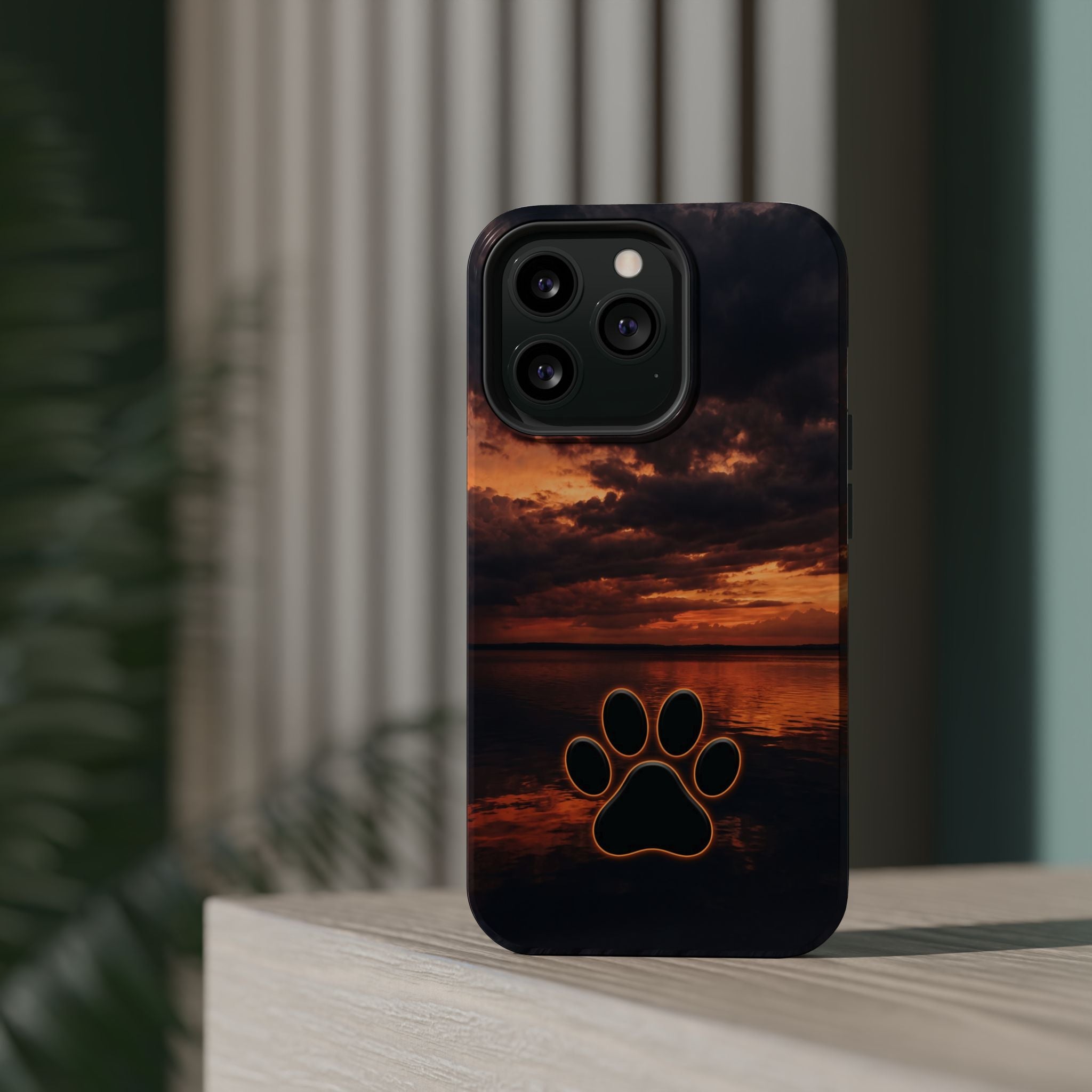 Sunset Paw Print Phone Case — Impact-Resistant Wireless Charging Cover