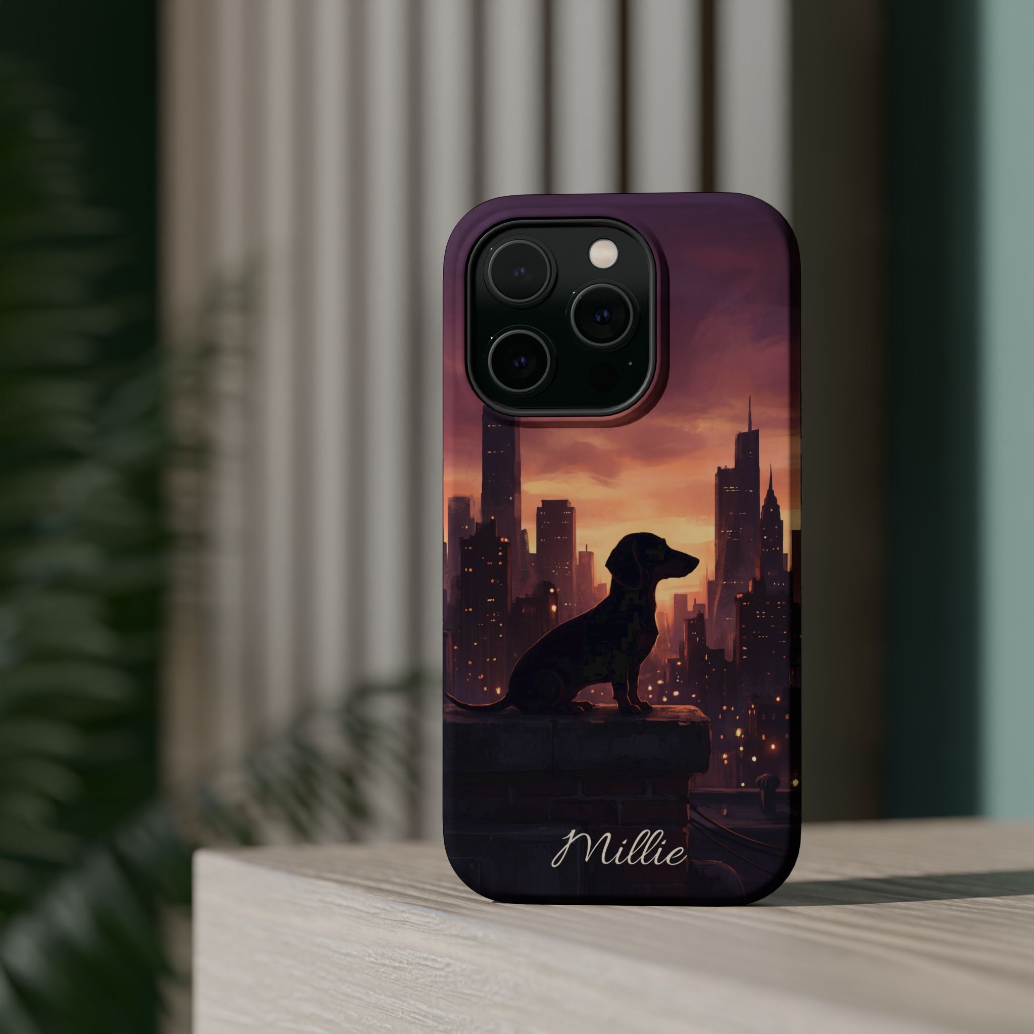 Personalized Dachshund City Skyline Phone Case — Wireless Charging Cover