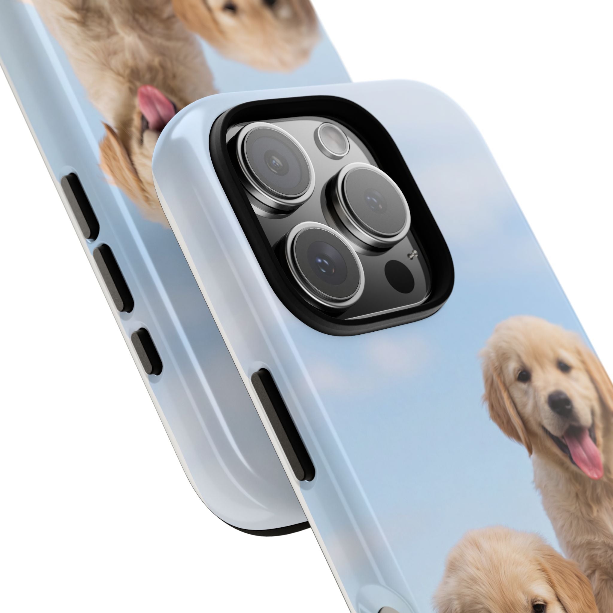 Golden Retriever Puppies on Barrel Phone Case | Cute Duo Under Blue Sky | iPhone & Samsung