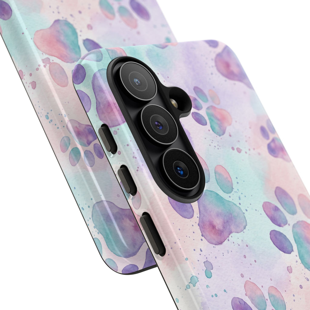 Watercolor Paw Print Phone Case | Pastel Purple, Teal & Pink Artistic Pattern | Samsung & iPhone