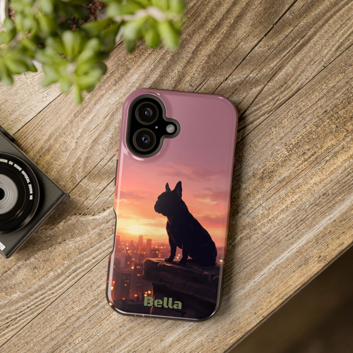 Personalized French Bulldog City Skyline Sunset Phone Case — Wireless Charging Cover