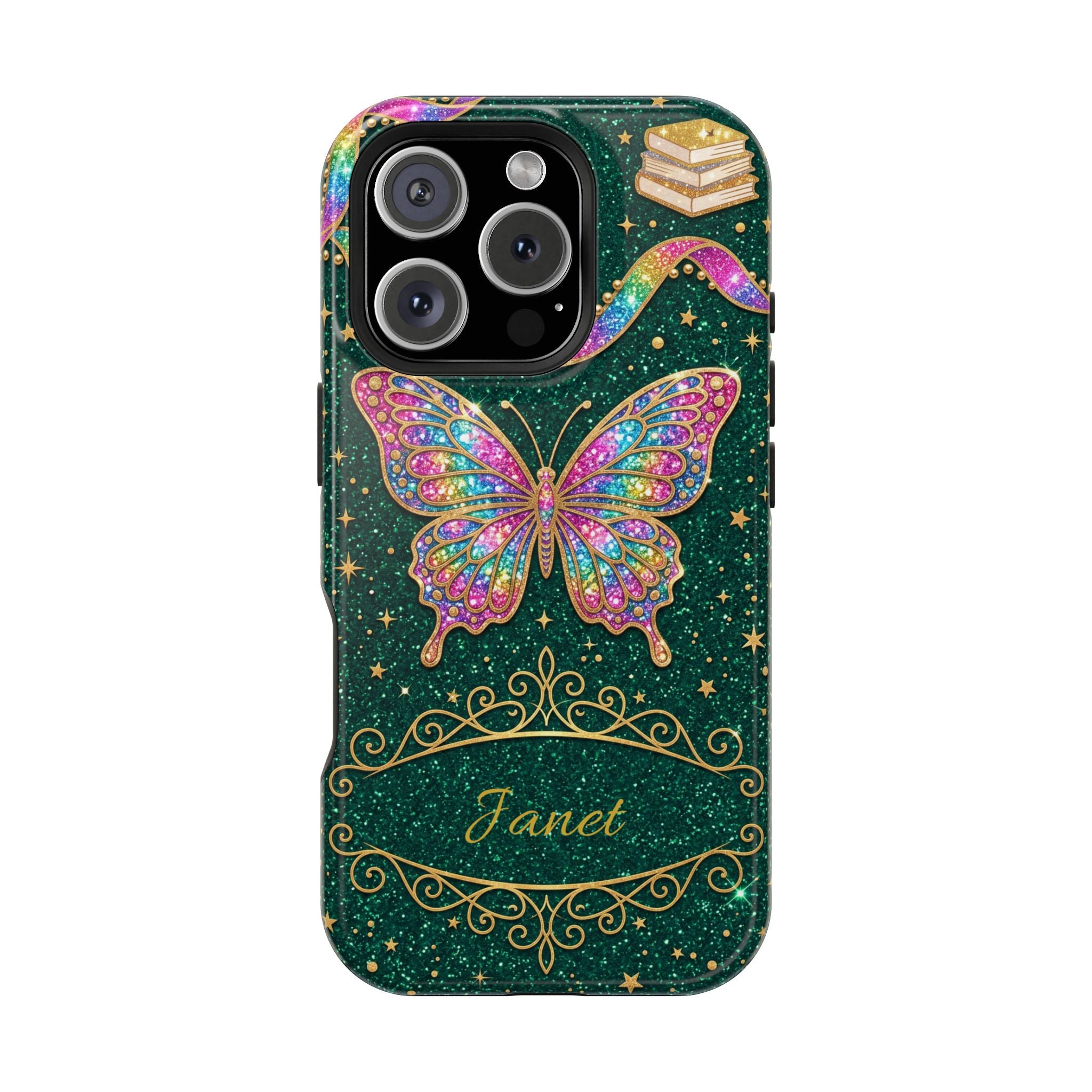 Rainbow Glitter Butterfly Personalized Teacher Phone Case — Wireless Charging Cover