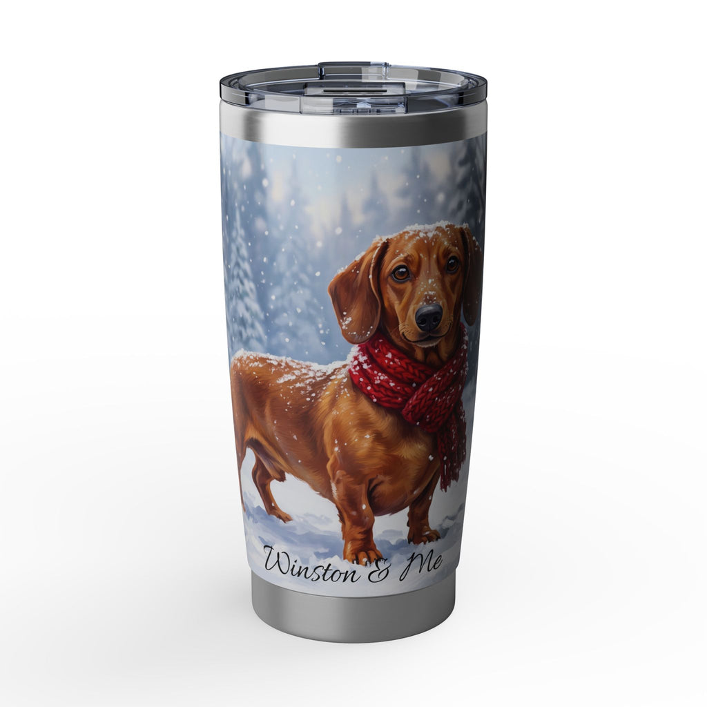 Dachshund Winter Portrait Stainless Tumbler — 20oz Personalized Travel Mug with Snowy Forest Design