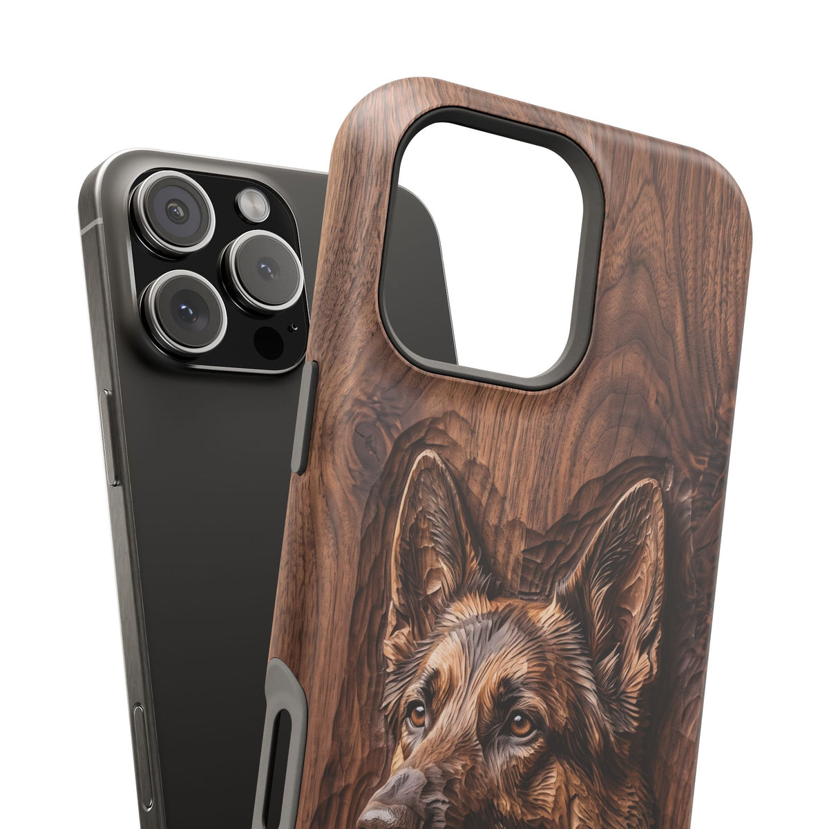 German Shepherd Phone Case | Carved Walnut Art — Tough Magnetic Case with Wireless Charging