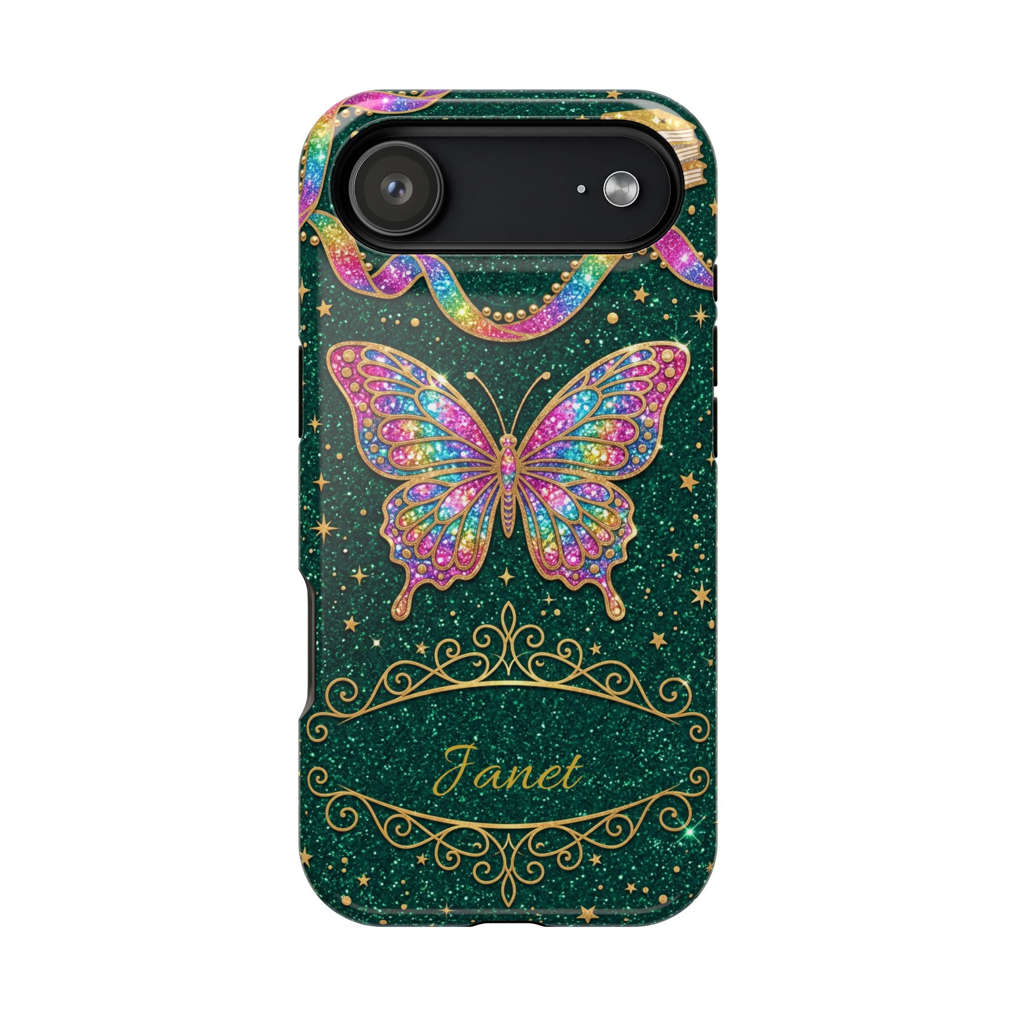 Rainbow Glitter Butterfly Personalized Teacher Phone Case — Wireless Charging Cover