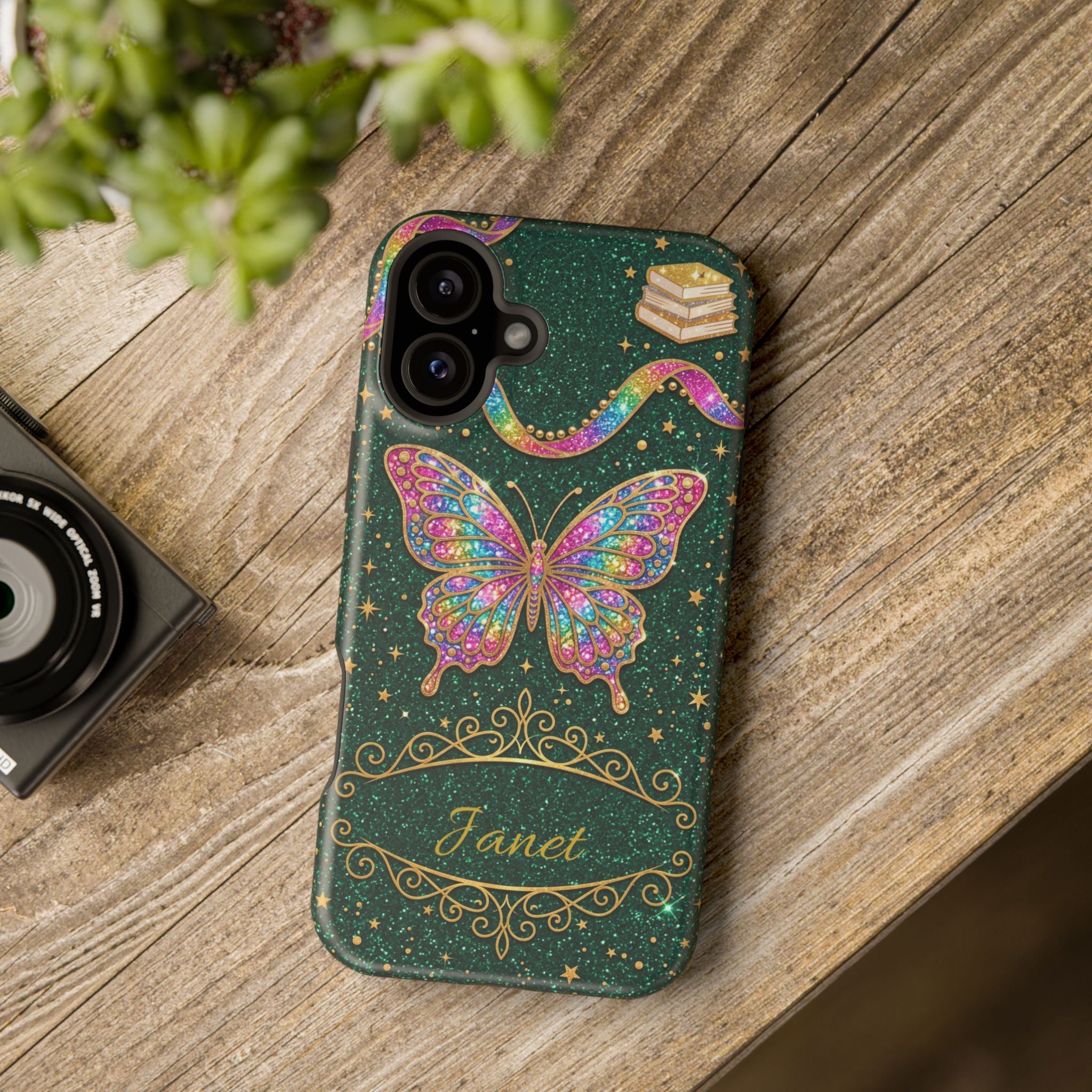 Rainbow Glitter Butterfly Personalized Teacher Phone Case — Wireless Charging Cover