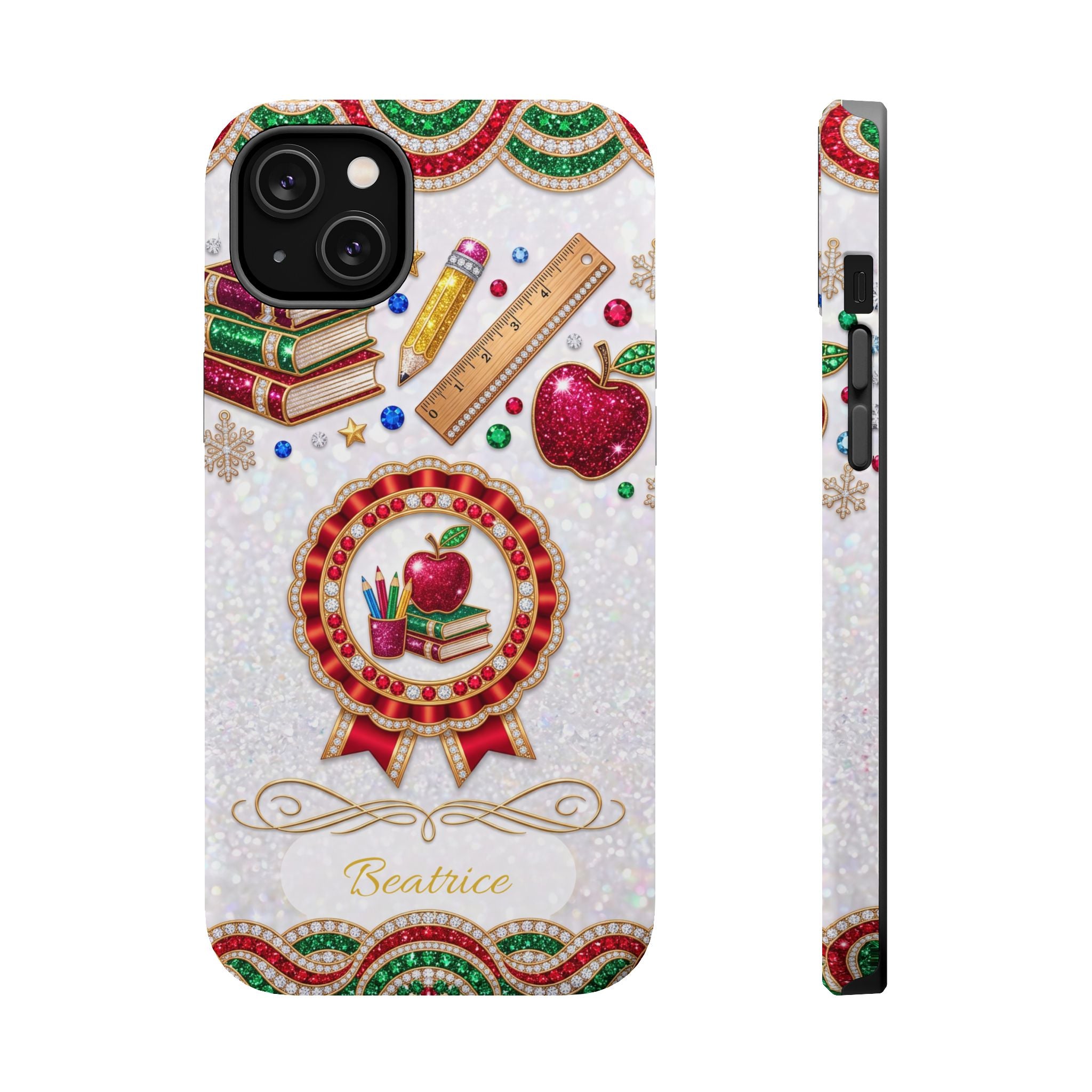 Jeweled Apple Medallion Personalized Teacher Phone Case — Wireless Charging Cover