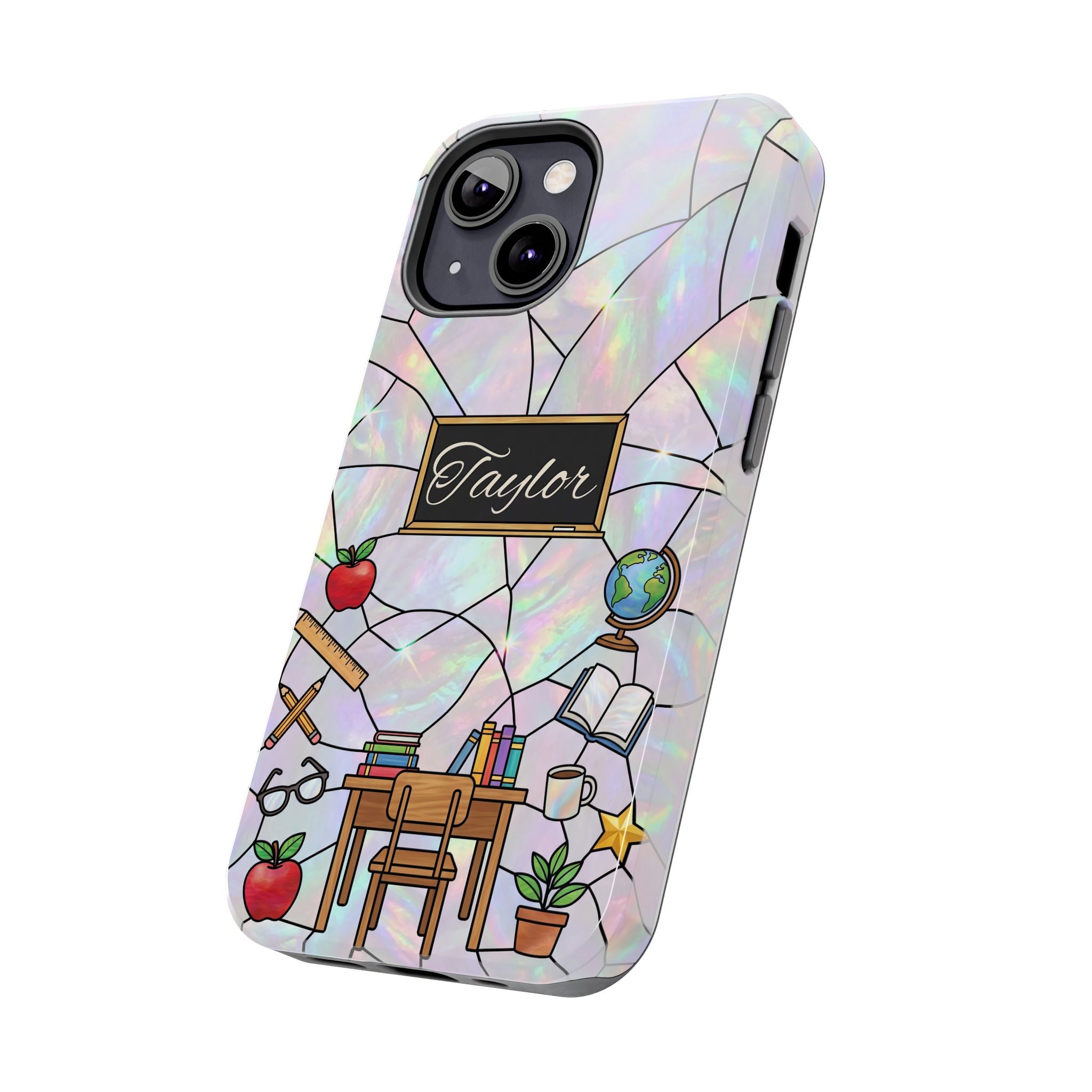 Personalized Teacher Phone Case — Custom Name Stained Glass Classroom Design