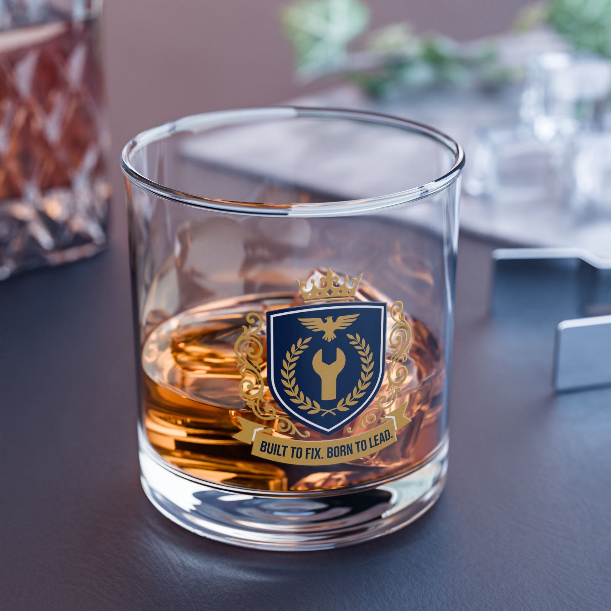 Built To Fix Born To Lead Crest Rocks Glass 10oz — Navy & Gold Plumber Glass