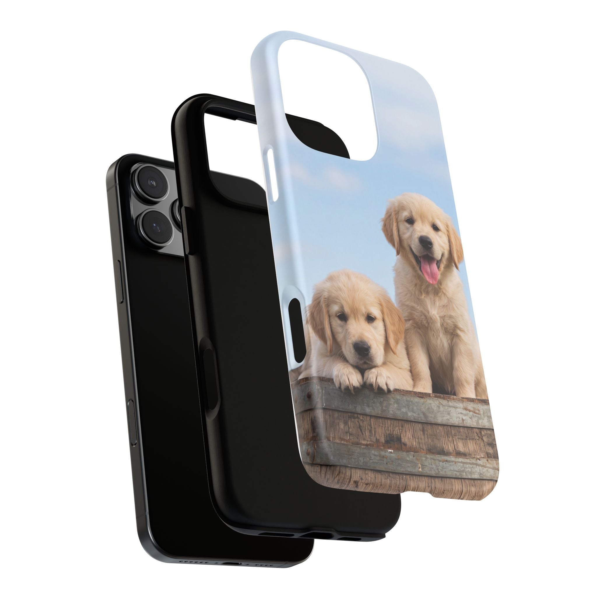 Golden Retriever Puppies on Barrel Phone Case | Cute Duo Under Blue Sky | iPhone & Samsung