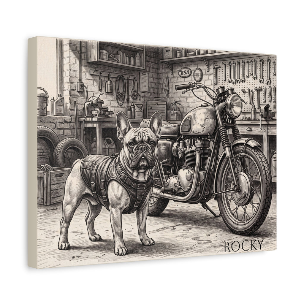French Bulldog Motorcycle Garage Sketch Personalized Canvas | Vintage Biker Wall Art