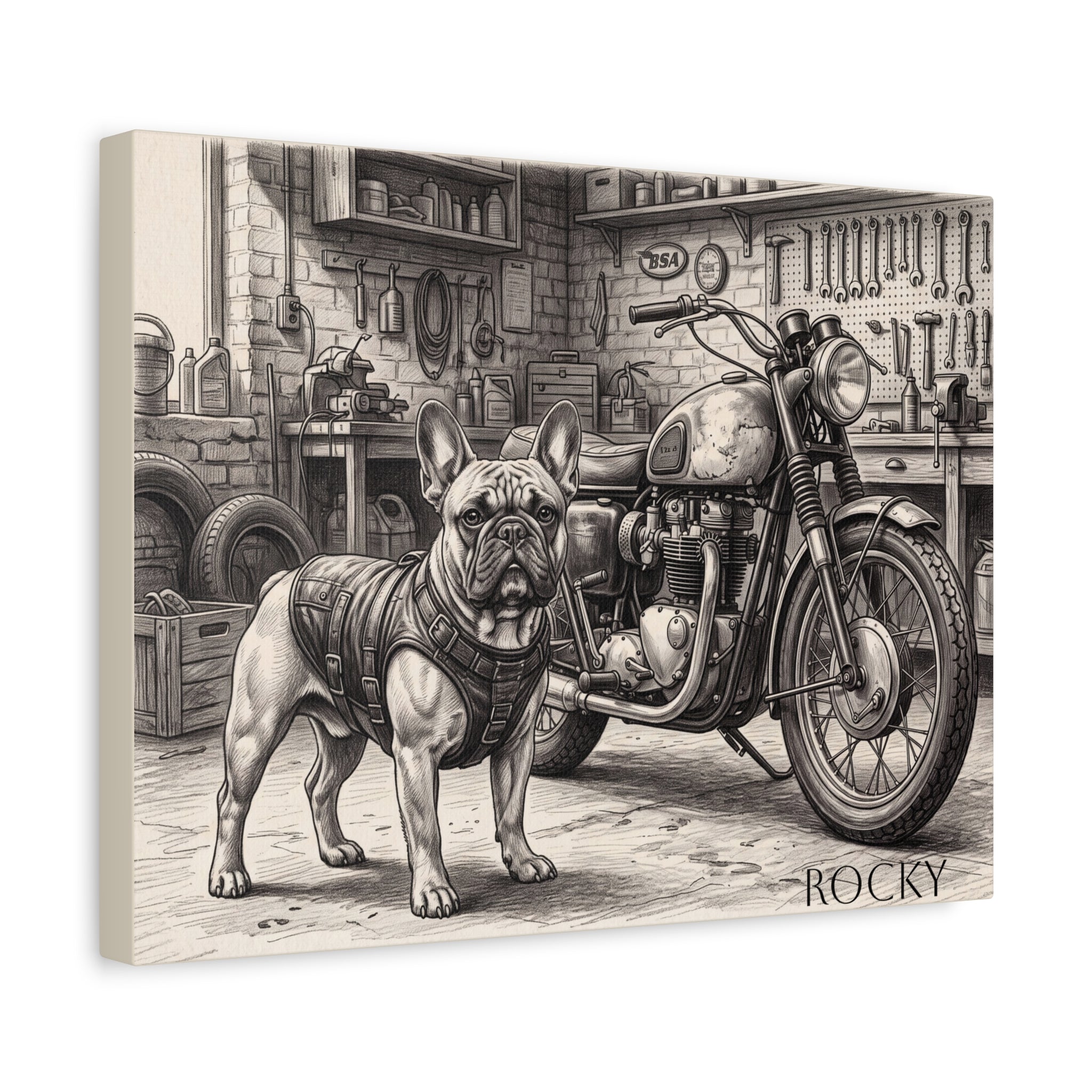 French Bulldog Motorcycle Garage Sketch Personalized Canvas | Vintage Biker Wall Art