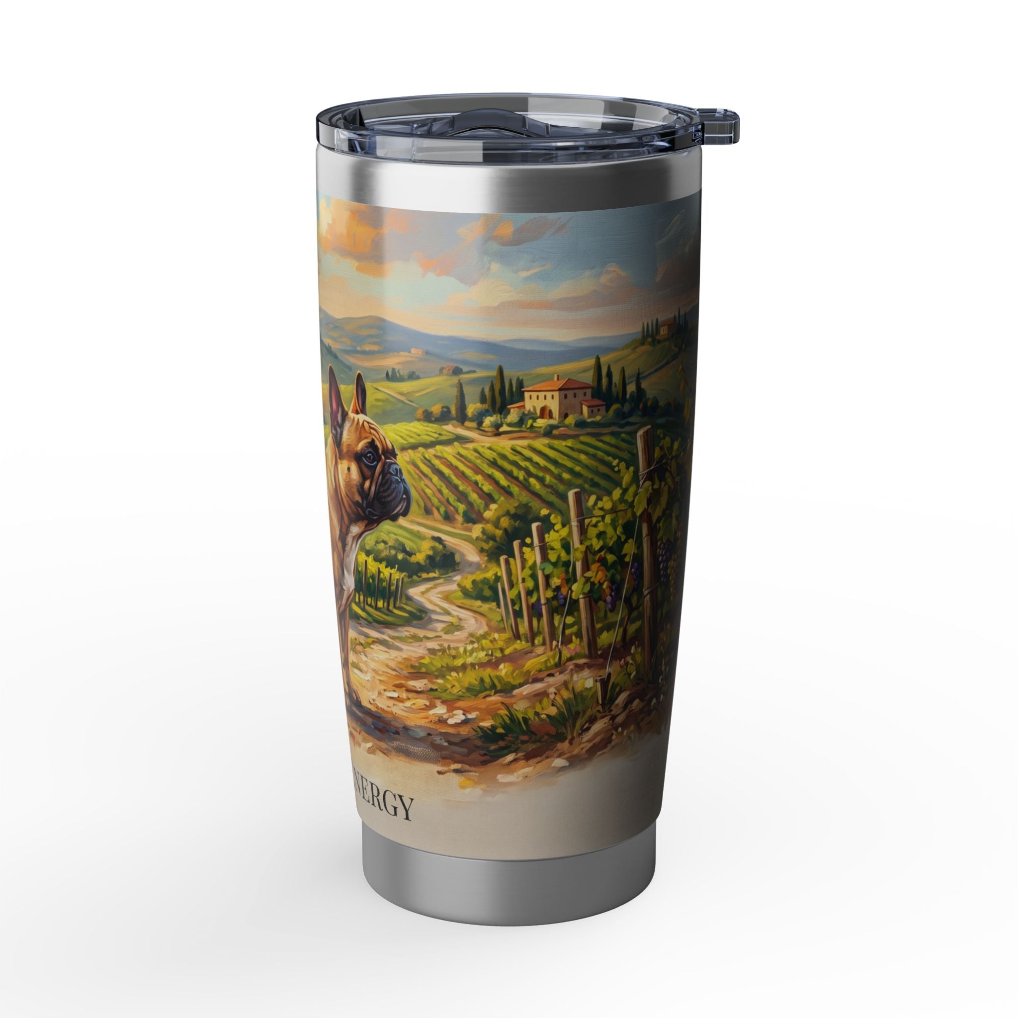 Personalized Frenchie Tumbler – Vineyard Travel Mug, Custom Name Gift for Dog Lover