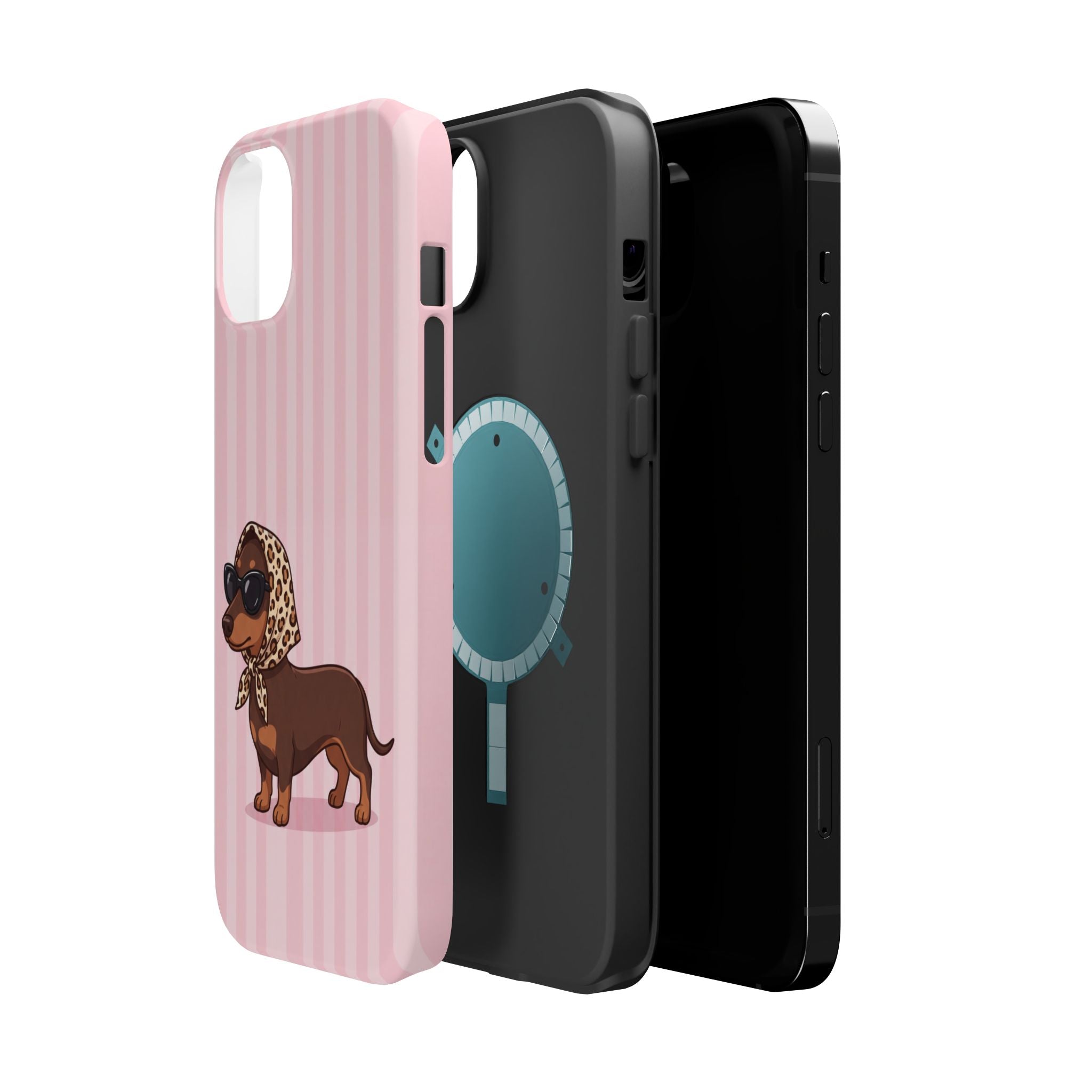 Glam Dachshund Phone Case | Cute Sausage Dog in Leopard Scarf & Sunglasses | Pink Stripe Case for iPhone & Samsung