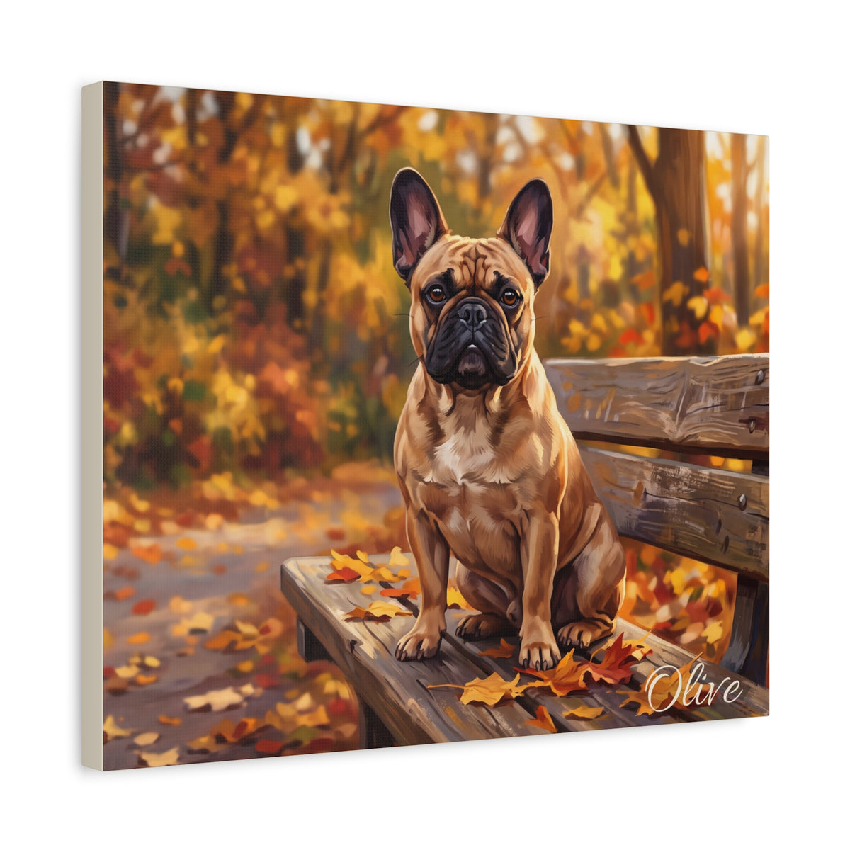 French Bulldog Personalized Canvas | Autumn Park Bench Fall Wall Art