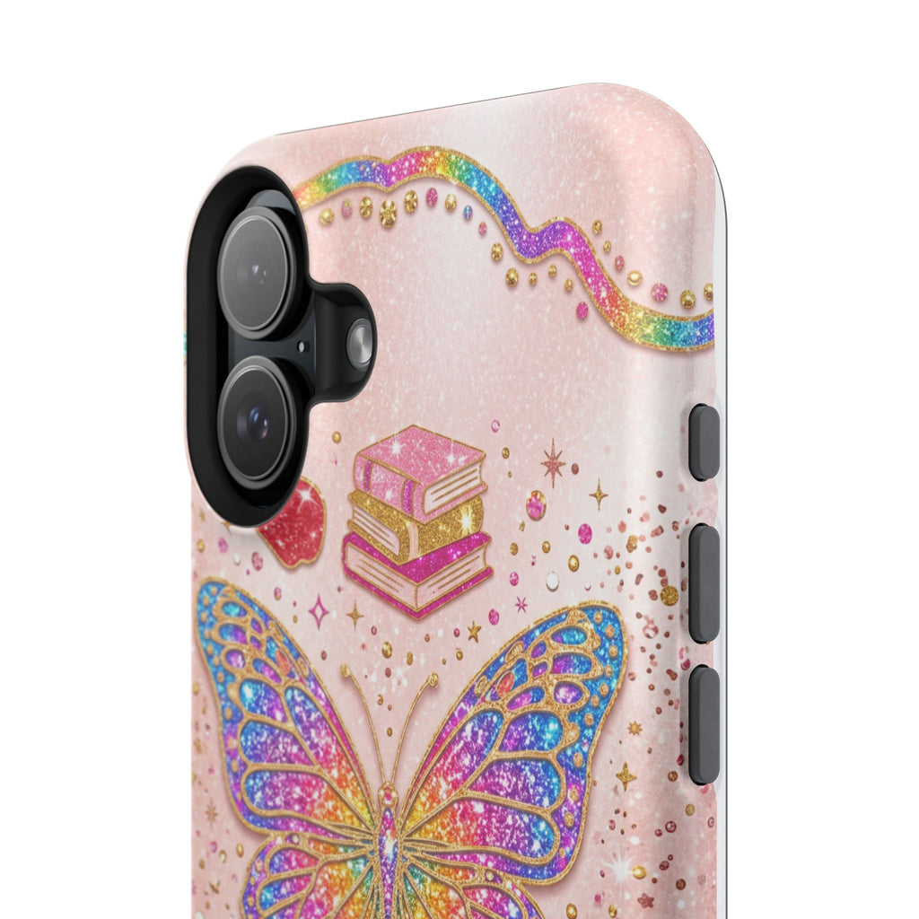 Blush Glitter Butterfly Personalized Teacher Phone Case — Wireless Charging Cover