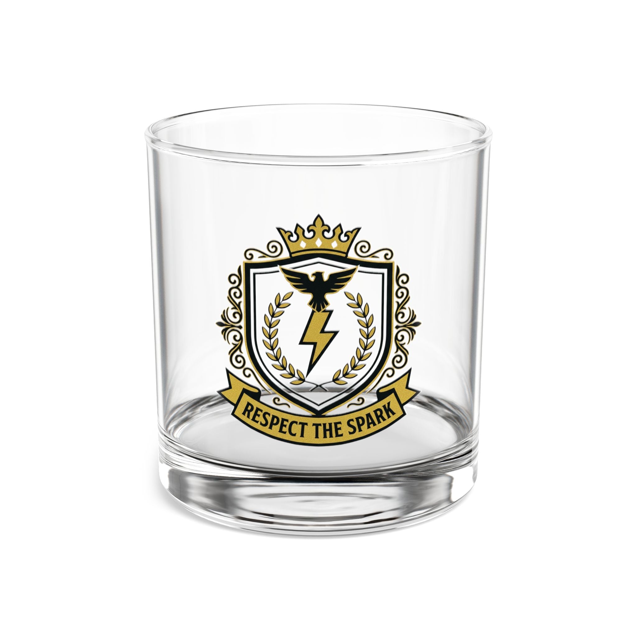 Respect The Spark Crest Rocks Glass 10oz — Black & Gold Electrician Glass