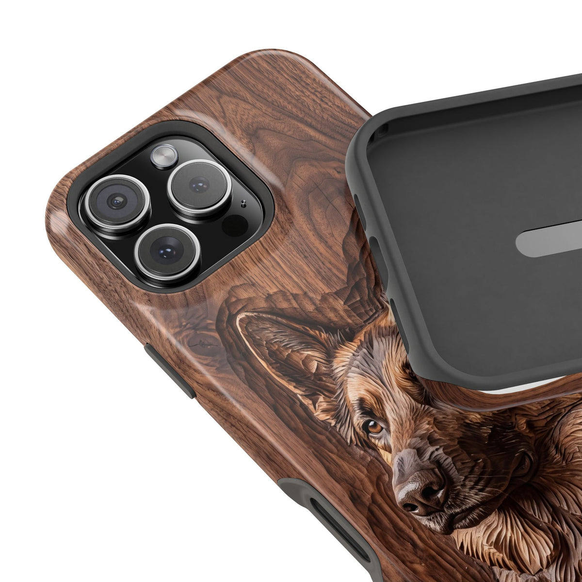 German Shepherd Phone Case | Carved Walnut Art — Tough Magnetic Case with Wireless Charging