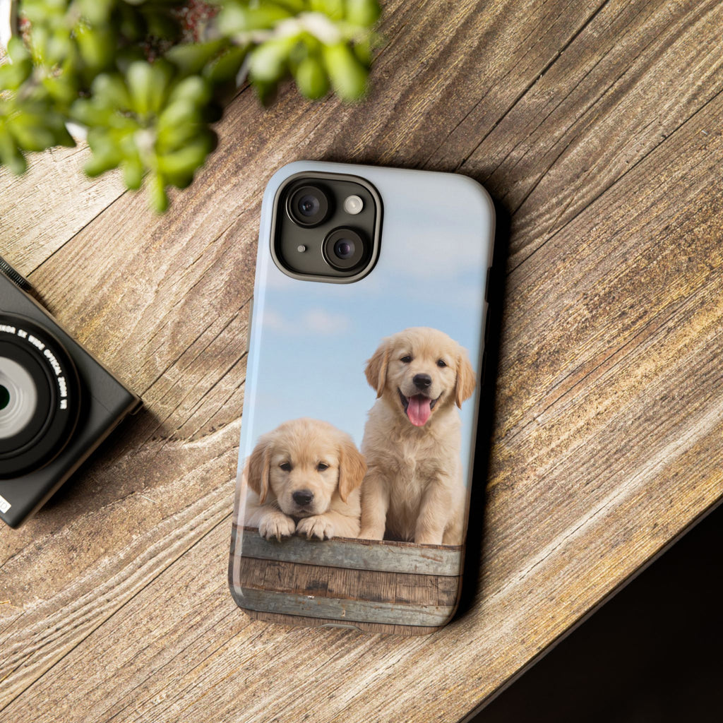 Golden Retriever Puppies on Barrel Phone Case | Cute Duo Under Blue Sky | iPhone & Samsung