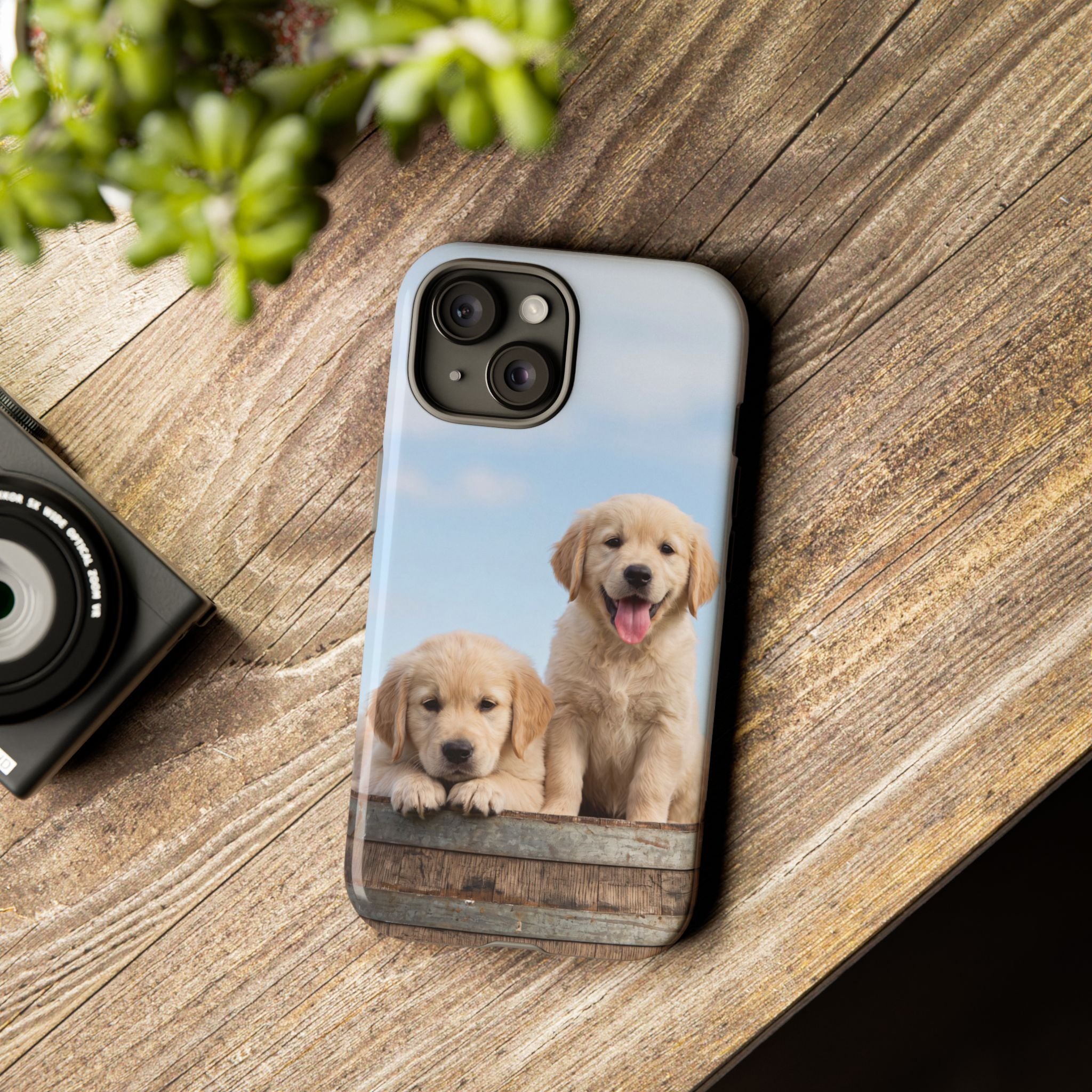 Golden Retriever Puppies on Barrel Phone Case | Cute Duo Under Blue Sky | iPhone & Samsung