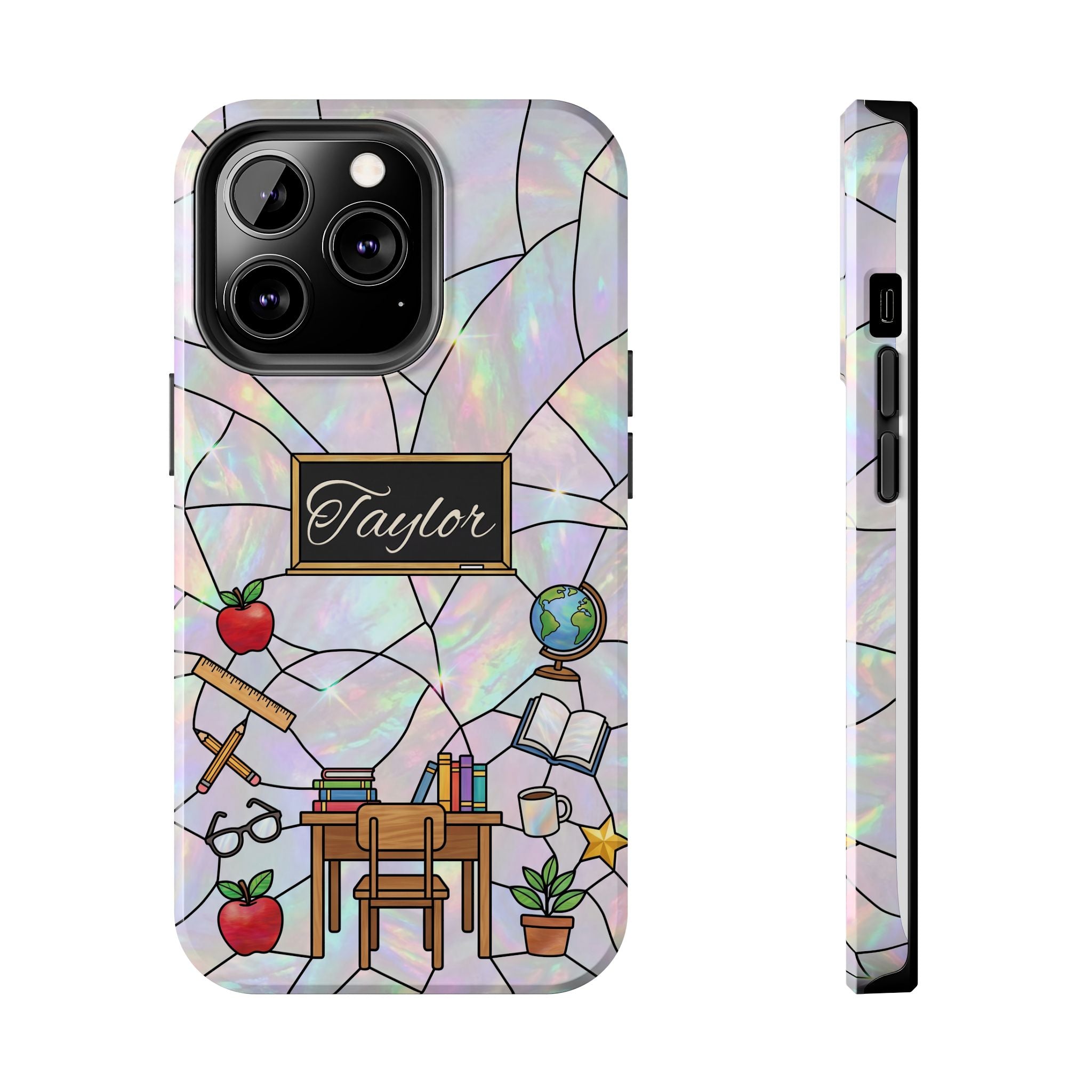 Personalized Teacher Phone Case — Custom Name Stained Glass Classroom Design