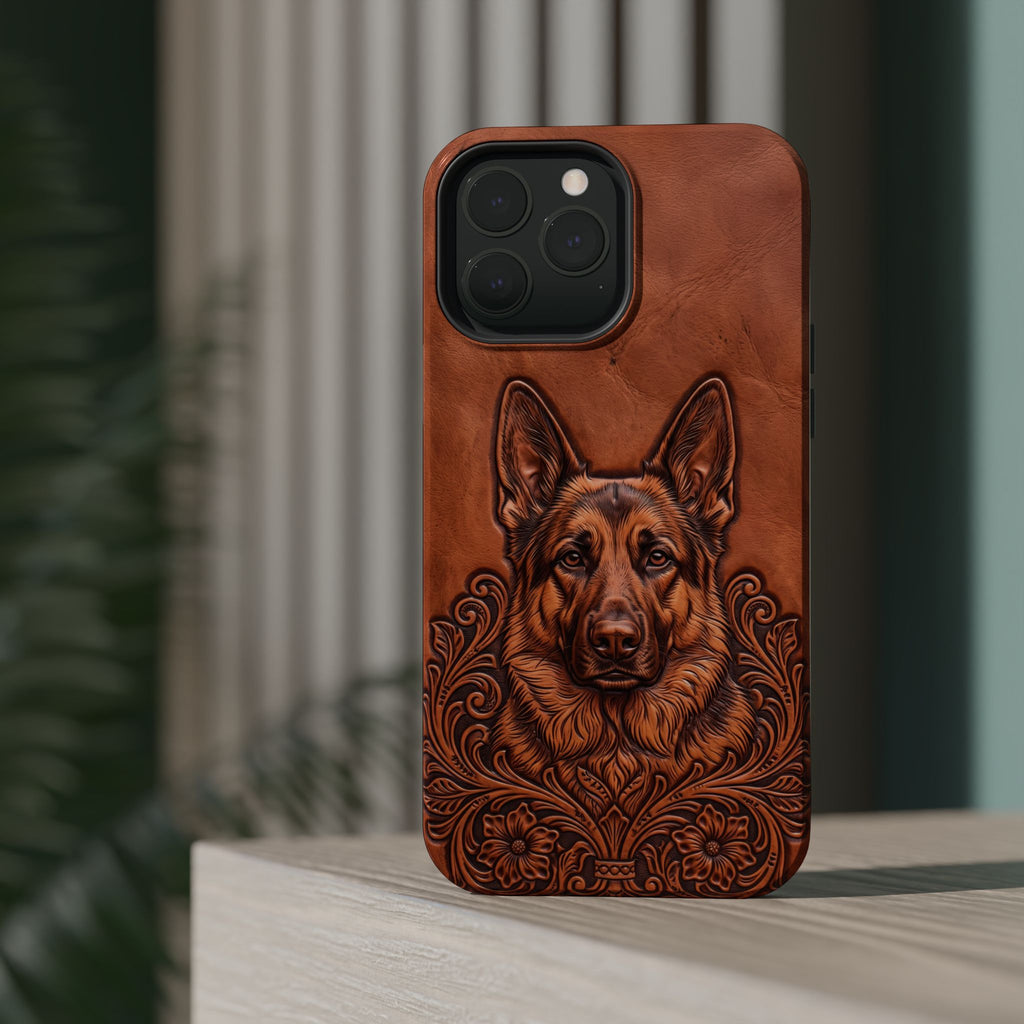 German Shepherd Phone Case | Western Tooled Art — Tough Magnetic Case with Wireless Charging