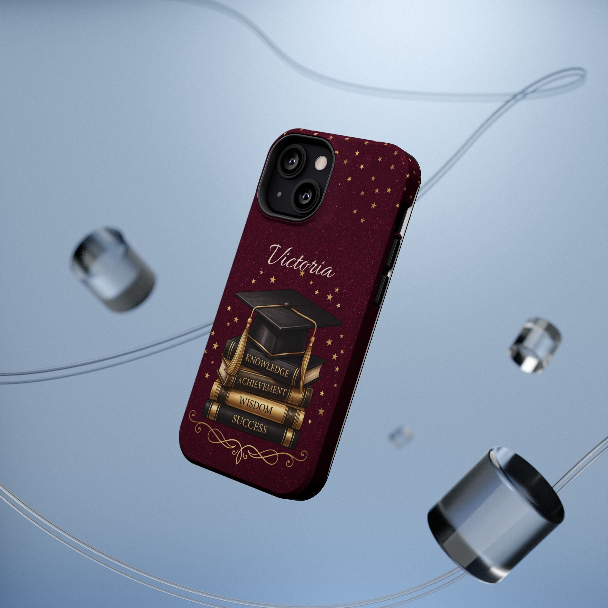 Graduation Cap & Books Personalized Teacher Phone Case — Wireless Charging Cover