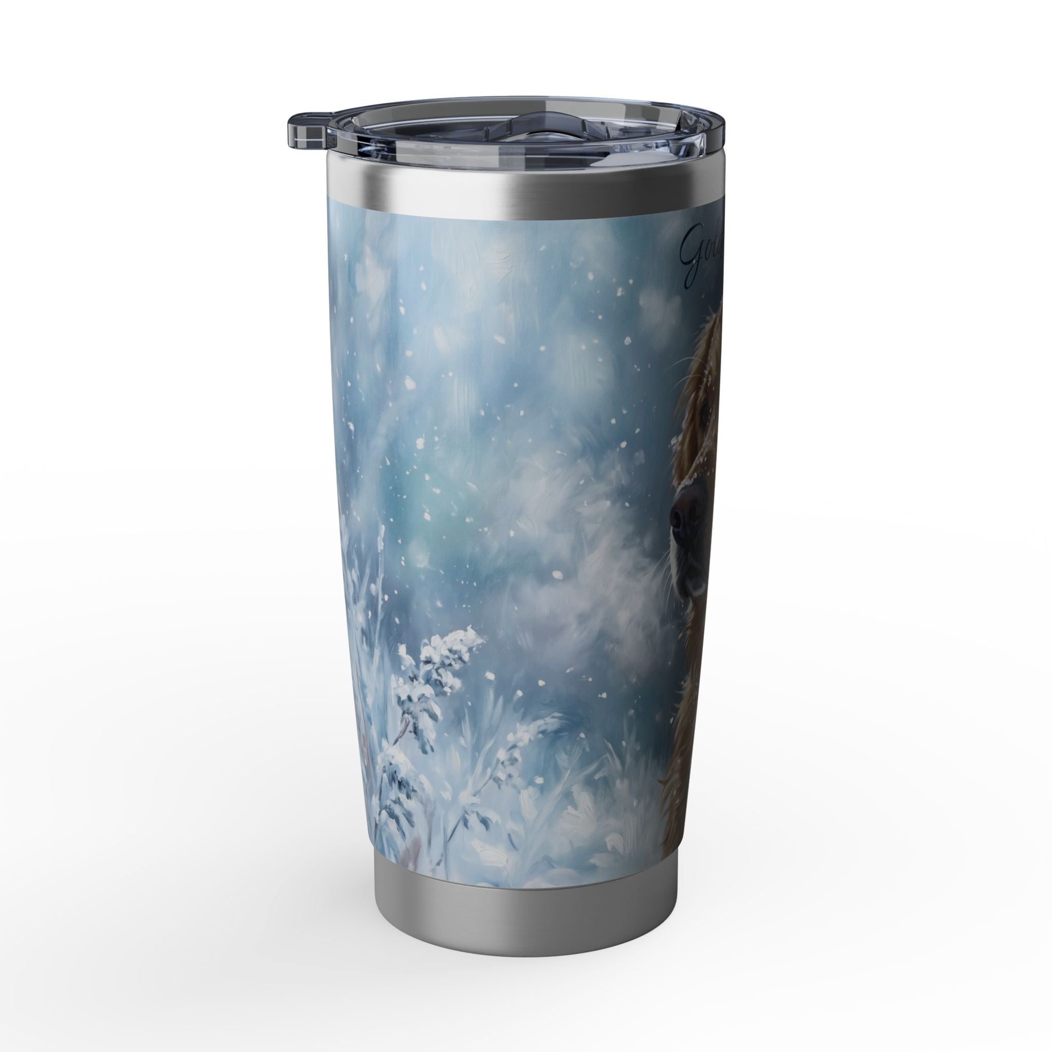 Golden Retriever Tumbler Personalized – 20 oz Stainless Steel Travel Mug with Custom Name, Icy Winter Design